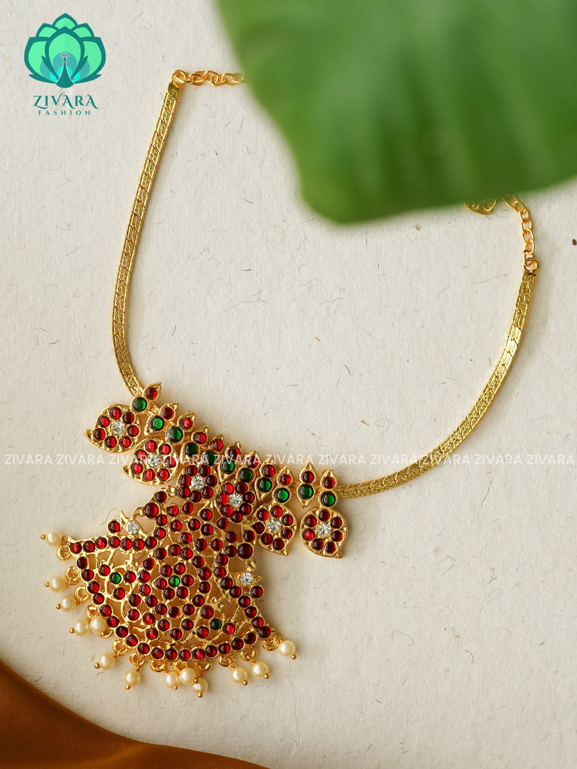 RED AND GREEN- SAVITHRI- Simple kemp attigai neckwear - latest kemp dance jewellery collection