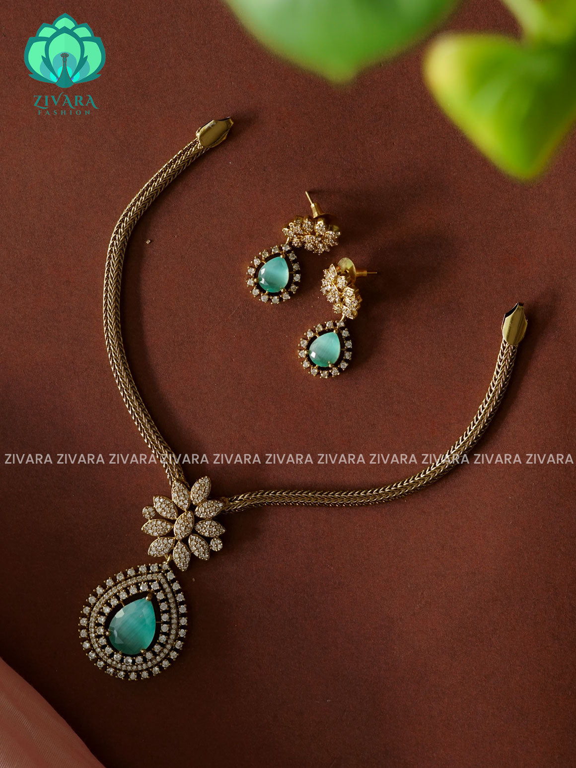 PASTEL GREEN - BIG SIZE TEAR PENDANT- Traditional south indian NORMAL MATTE neckwear with earrings - Zivara Fashion