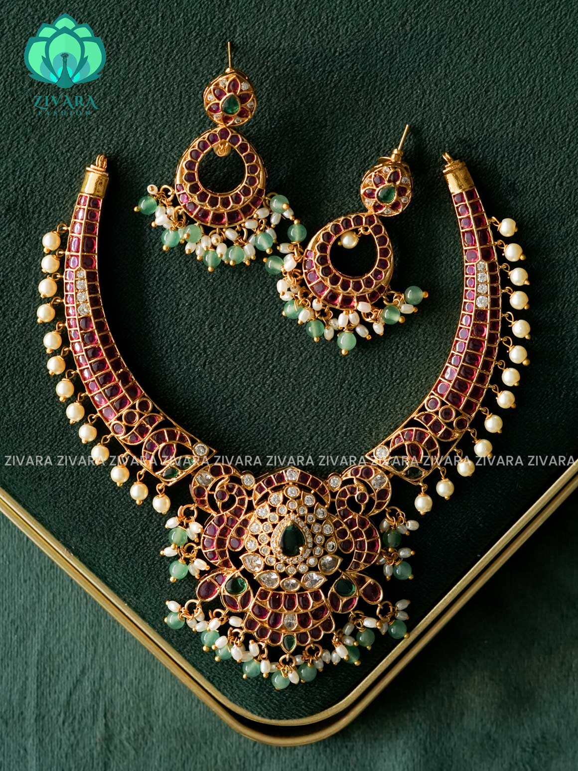 PEACOCK motif free REAL KEMP neckwear with green beads hangings with earrings - Zivara Fashion