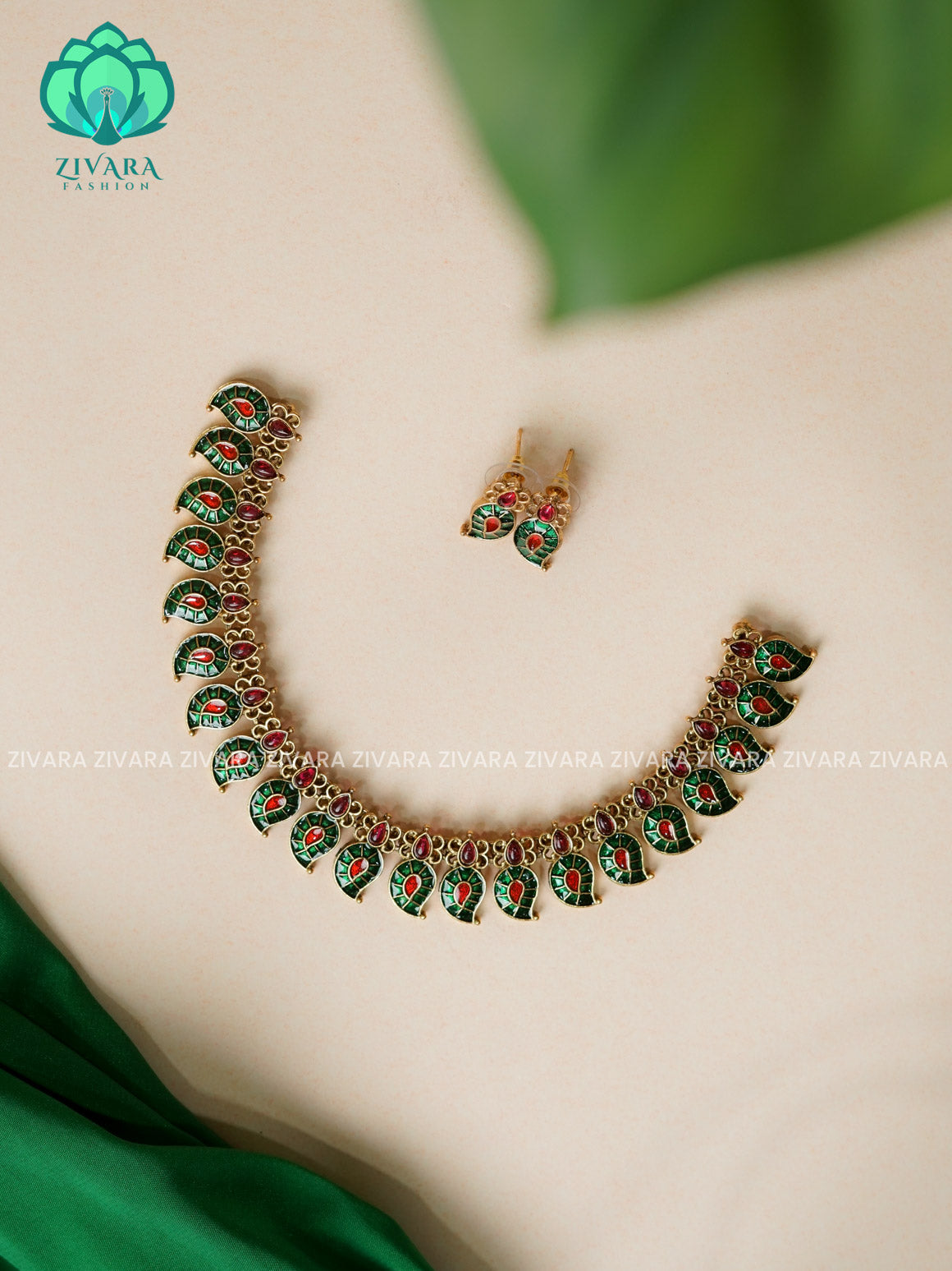 GREEN ENAMEL -Traditional south indian NORMAL MATTE PALLAKAD neckwear with earrings- Zivara Fashion- latest jewellery design