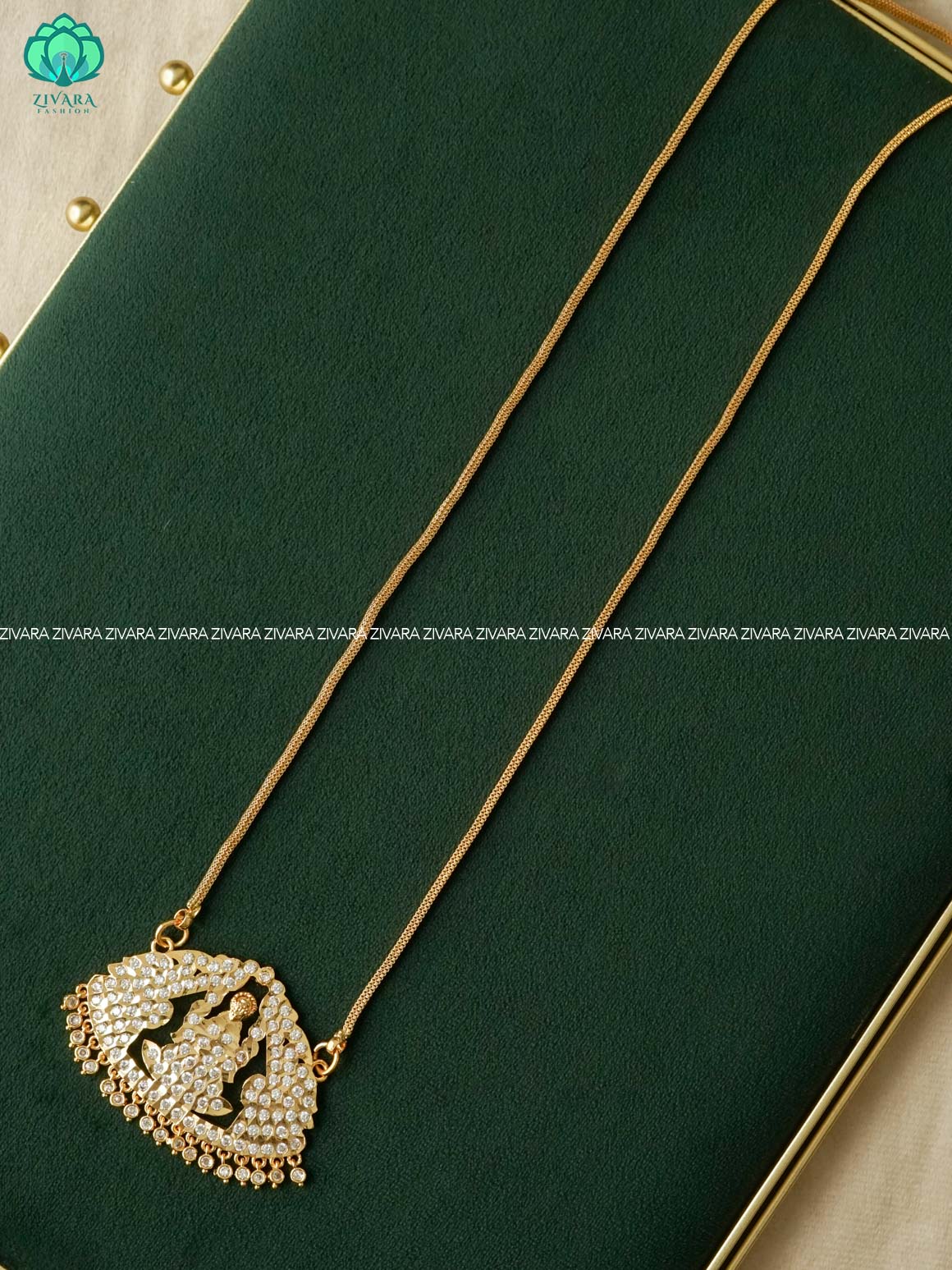 AMBIGAI - WHITE STONE TEMPLE MICROGOLD POLISH WITH LONG CHAIN -Traditional south indian premium HAARAM- Zivara Fashion