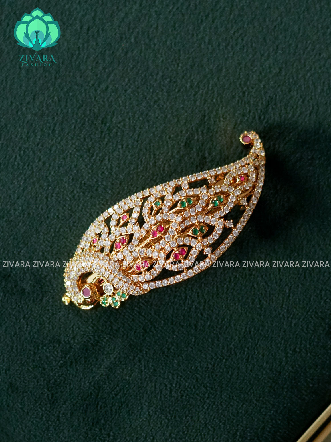 PEACOCK RUBY GREEN WHITE STONE  HAIRCLIPS  - TRADITIONAL HAIR ACCESSORIES - ZIVARA FASHION