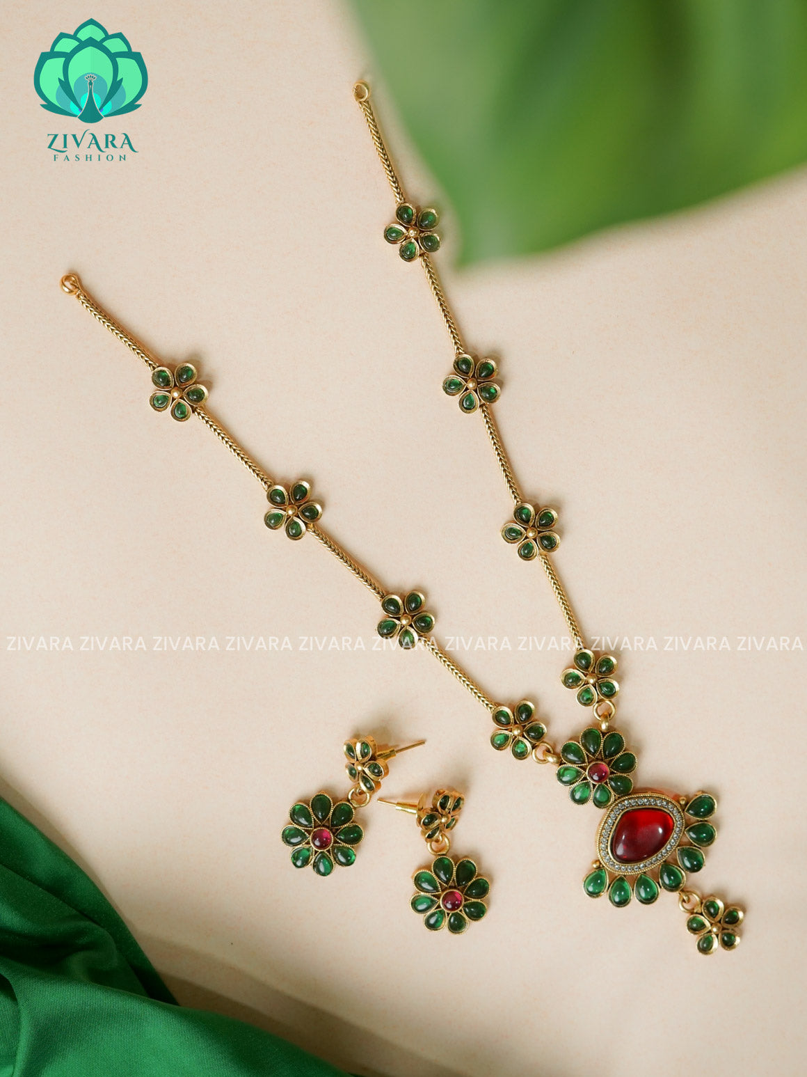 Green and ruby flower flexible  - Traditional south indian NORMAL MATTE neckwear with earrings - Zivara Fashion