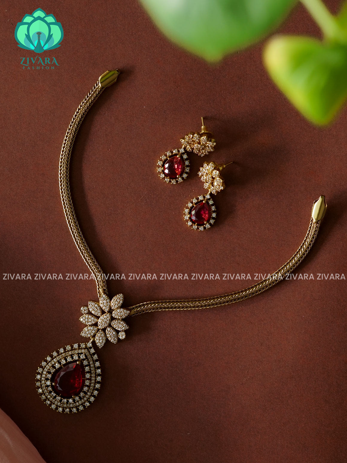 RUBY- BIG SIZE TEAR PENDANT- Traditional south indian NORMAL MATTE neckwear with earrings - Zivara Fashion