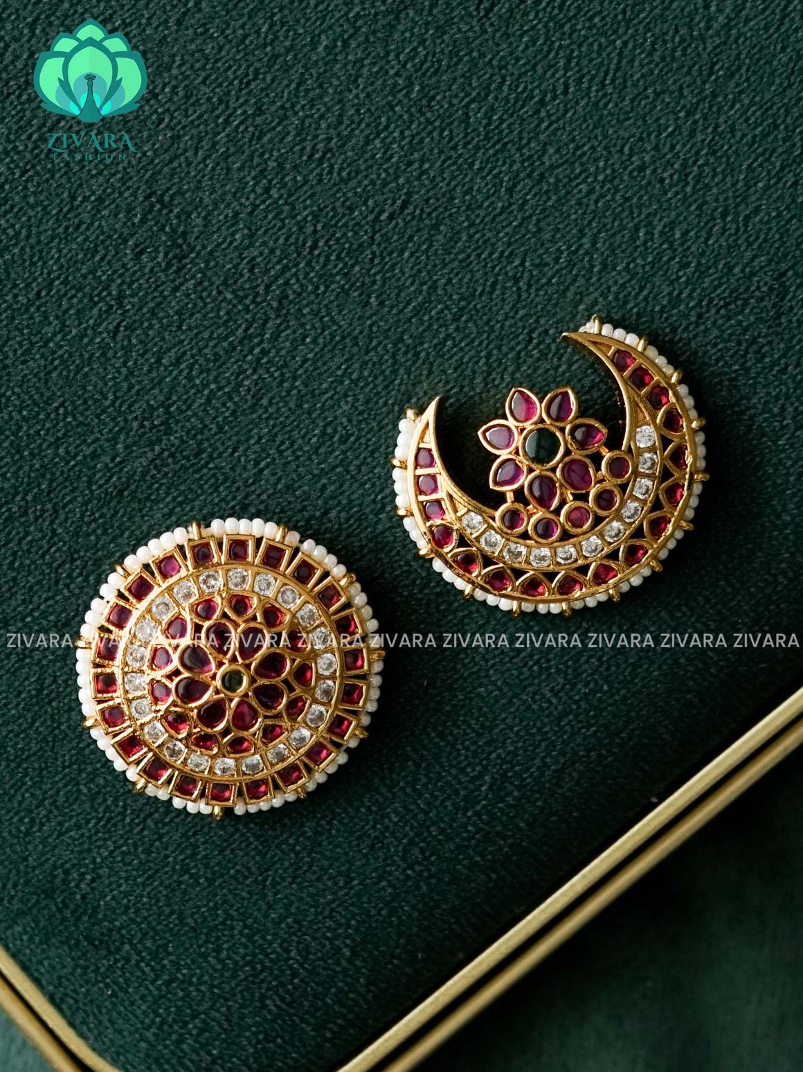 RUBY and GREEN -SUN MOON - SURYA CHANDRA - TRADITIONAL(2 INCHES) REAL KEMP  HAIR ACCESSORIES- ZIVARA FASHION