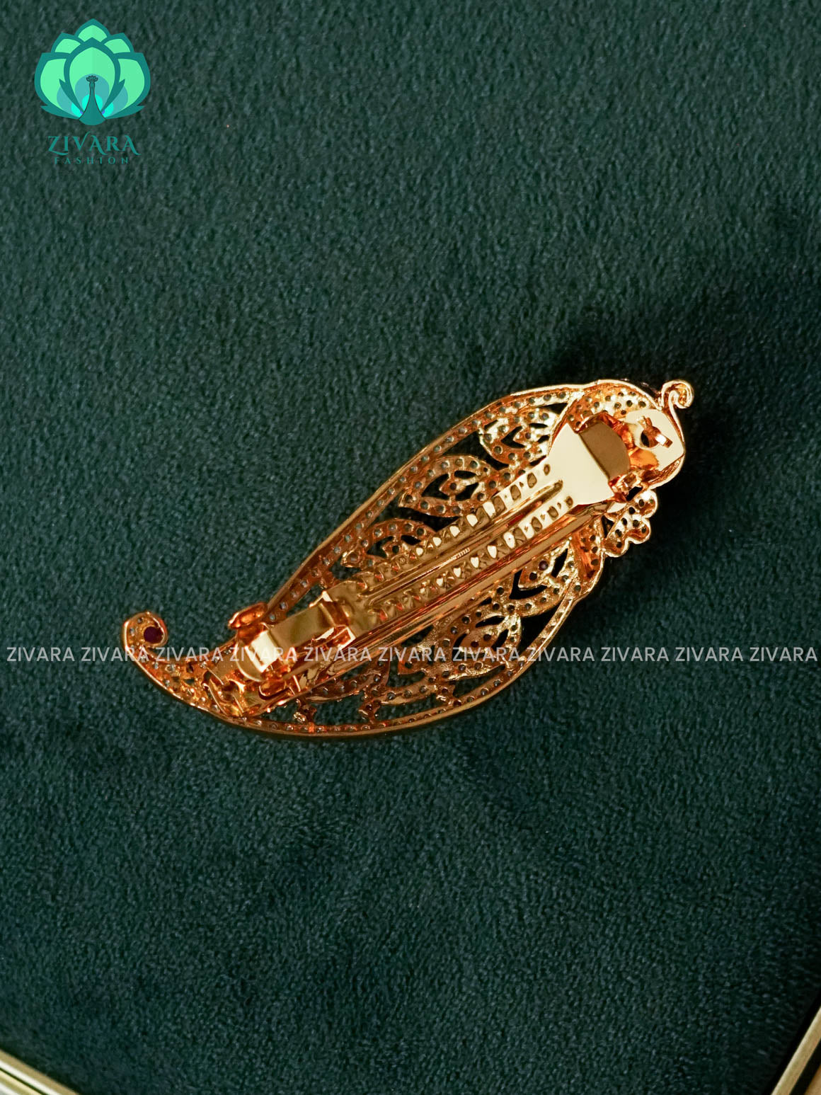 PEACOCK RUBY GREEN WHITE STONE  HAIRCLIPS  - TRADITIONAL HAIR ACCESSORIES - ZIVARA FASHION