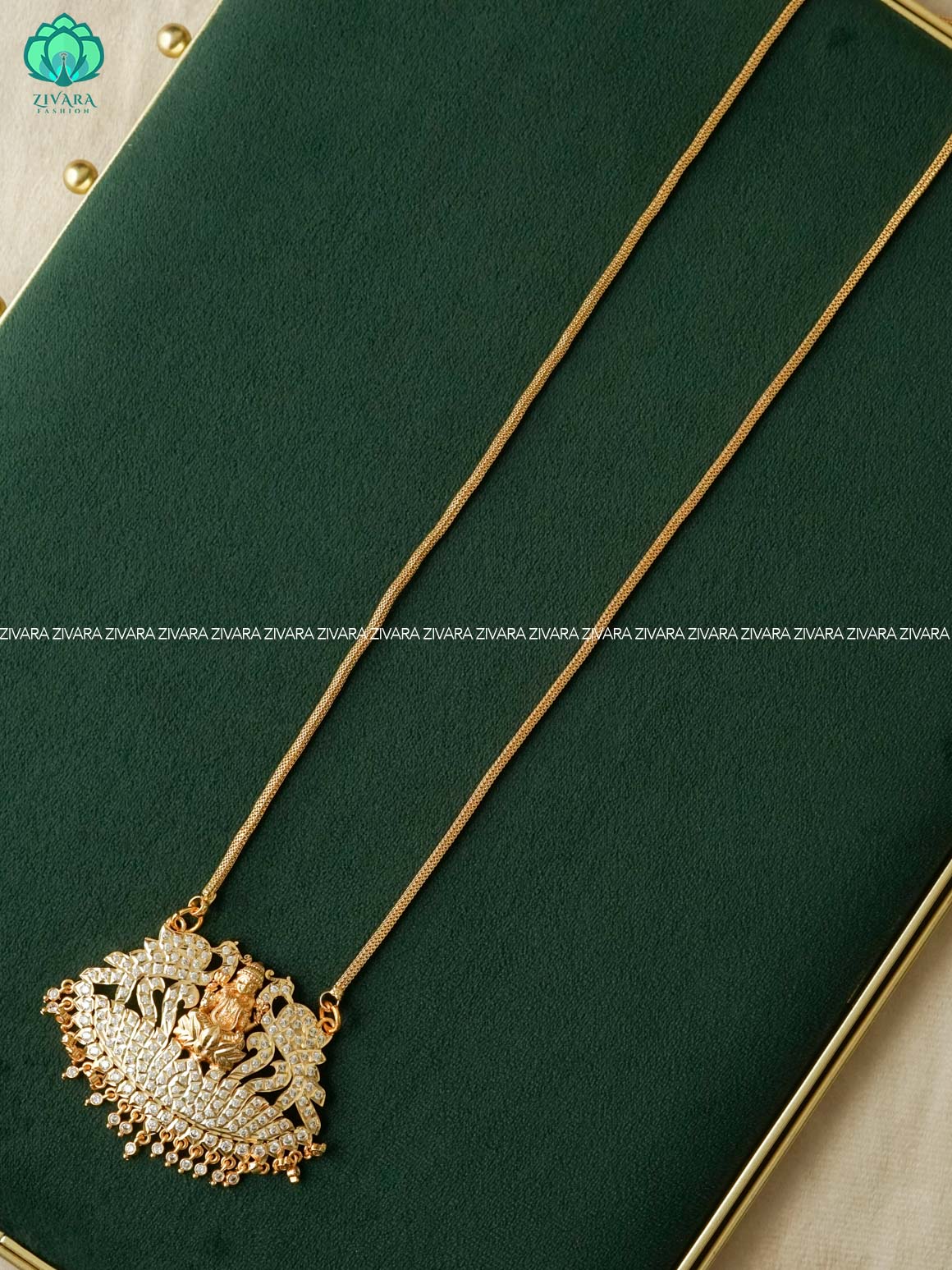 AMBIGAI - WHITE STONE TEMPLE MICROGOLD POLISH LONG HAARAM -Traditional south indian premium HAARAM- Zivara Fashion