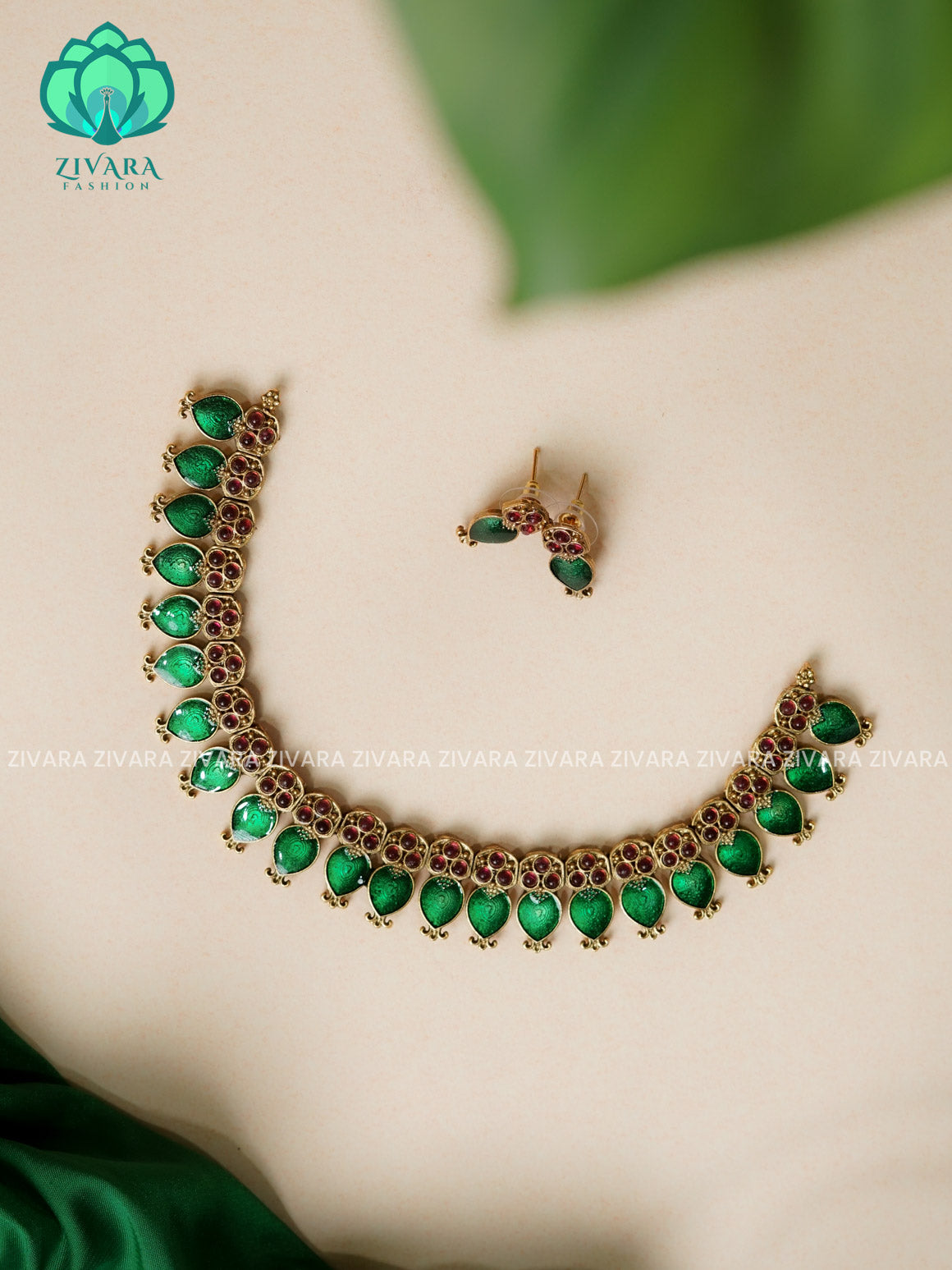 GREEN ENAMEL -Traditional south indian NORMAL MATTE PALLAKAD neckwear with earrings- Zivara Fashion- latest jewellery design