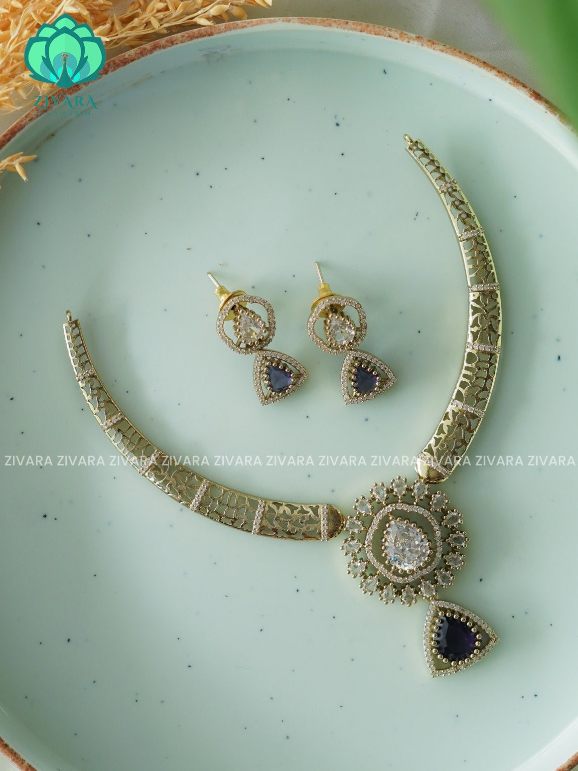 PURPLE- TRIANGLE PENDANT HASLI - Traditional south indian premium neckwear with earrings- Zivara Fashion- latest jewellery desigN