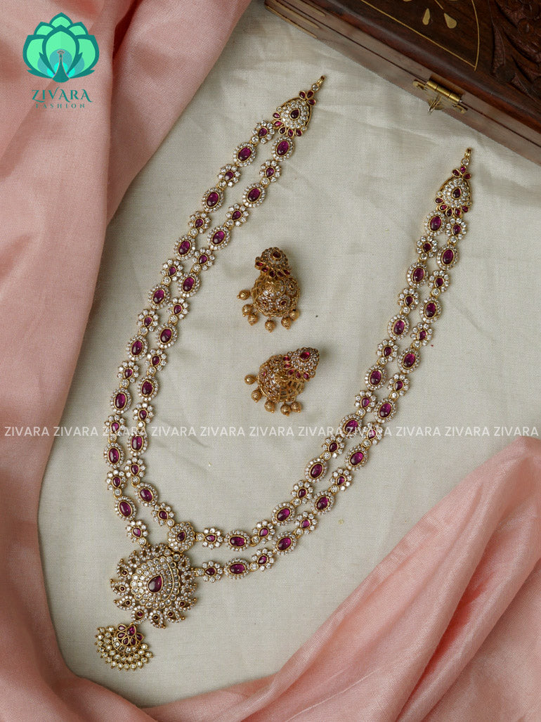 ELEGANT LONG RUBY - Traditional PREMIUM MATTE polish MIDCHEST haaram/neckwear with earrings- Zivara Fashion