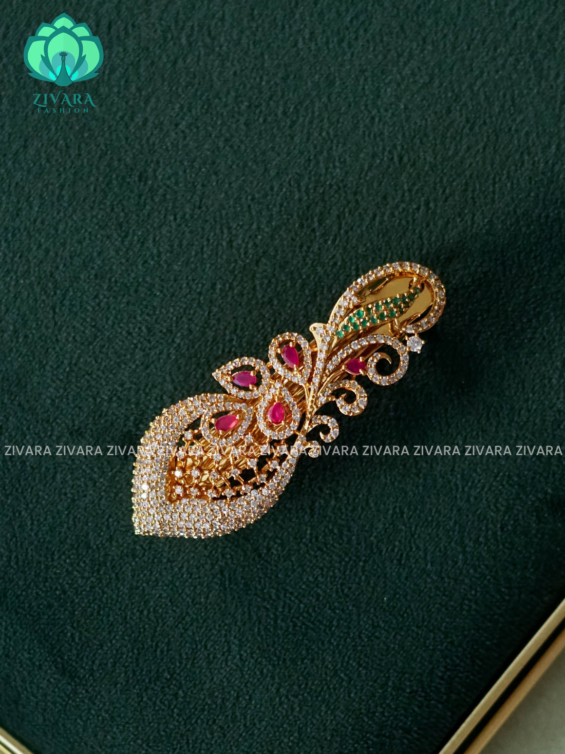 BIRD FEATHER  RUBY GREEN WHITE STONE  HAIRCLIPS  - TRADITIONAL HAIR ACCESSORIES - ZIVARA FASHION