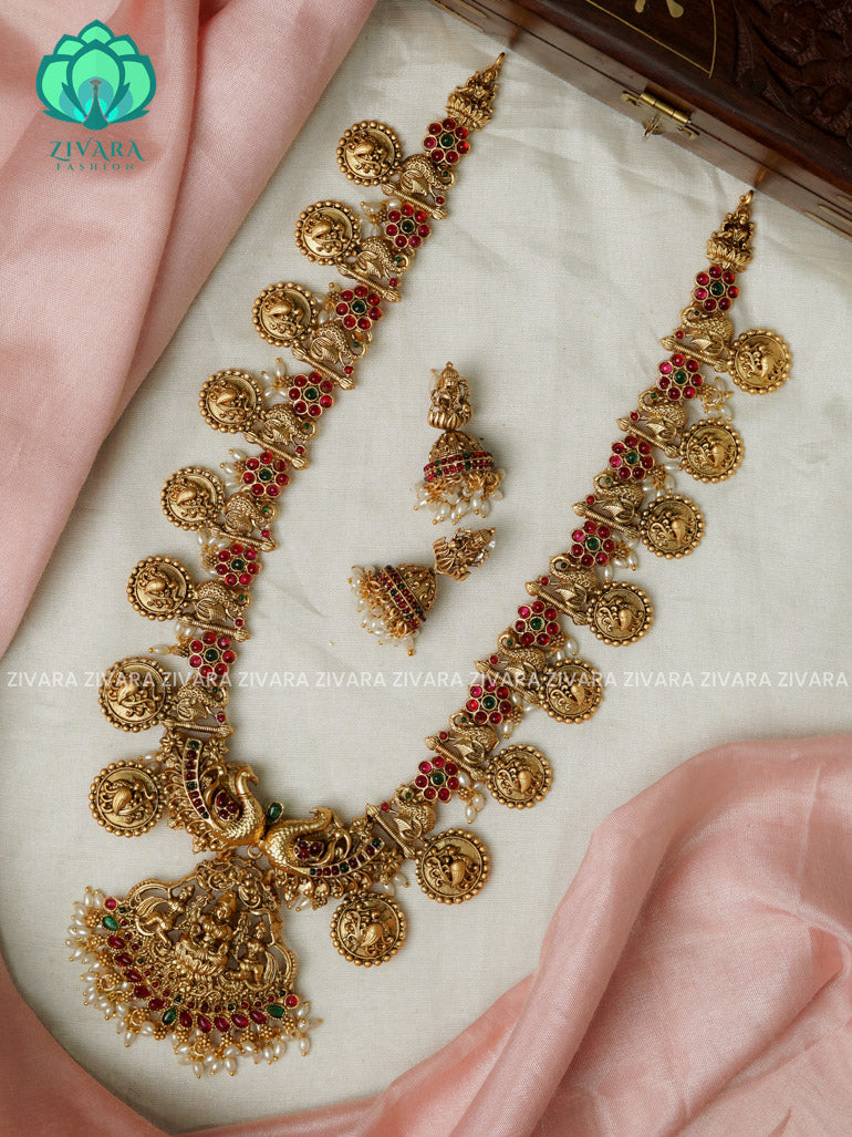 BRIDAL TEMPLE STONE  - Traditional NORMAL MATTE polish MIDCHEST haaram/neckwear with earrings- Zivara Fashion