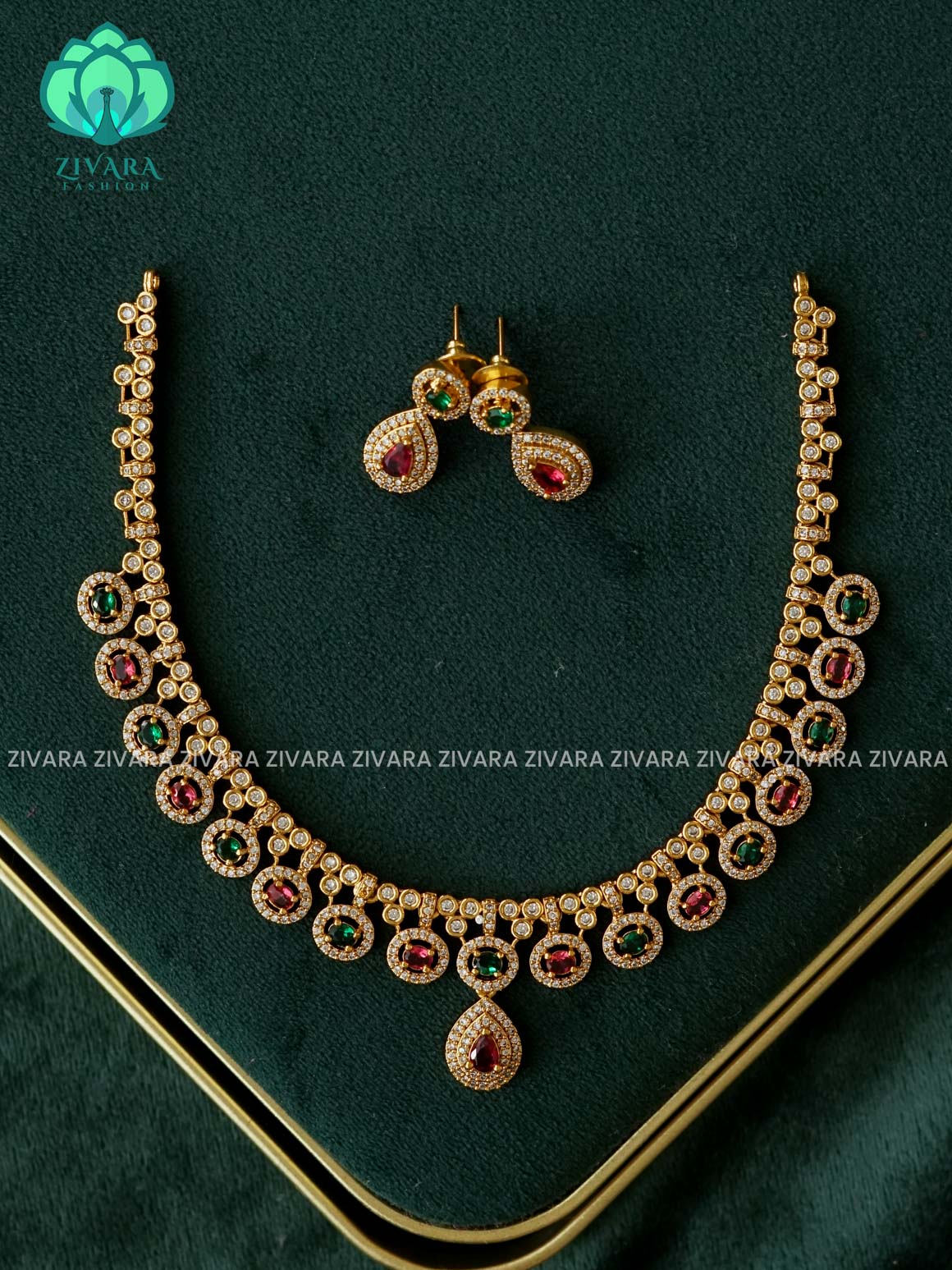 KANYA RUBY GREEN TEAR -  SUBTLE POLISH stylish and minimal elegant neckwear with earrings- Zivara Fashion