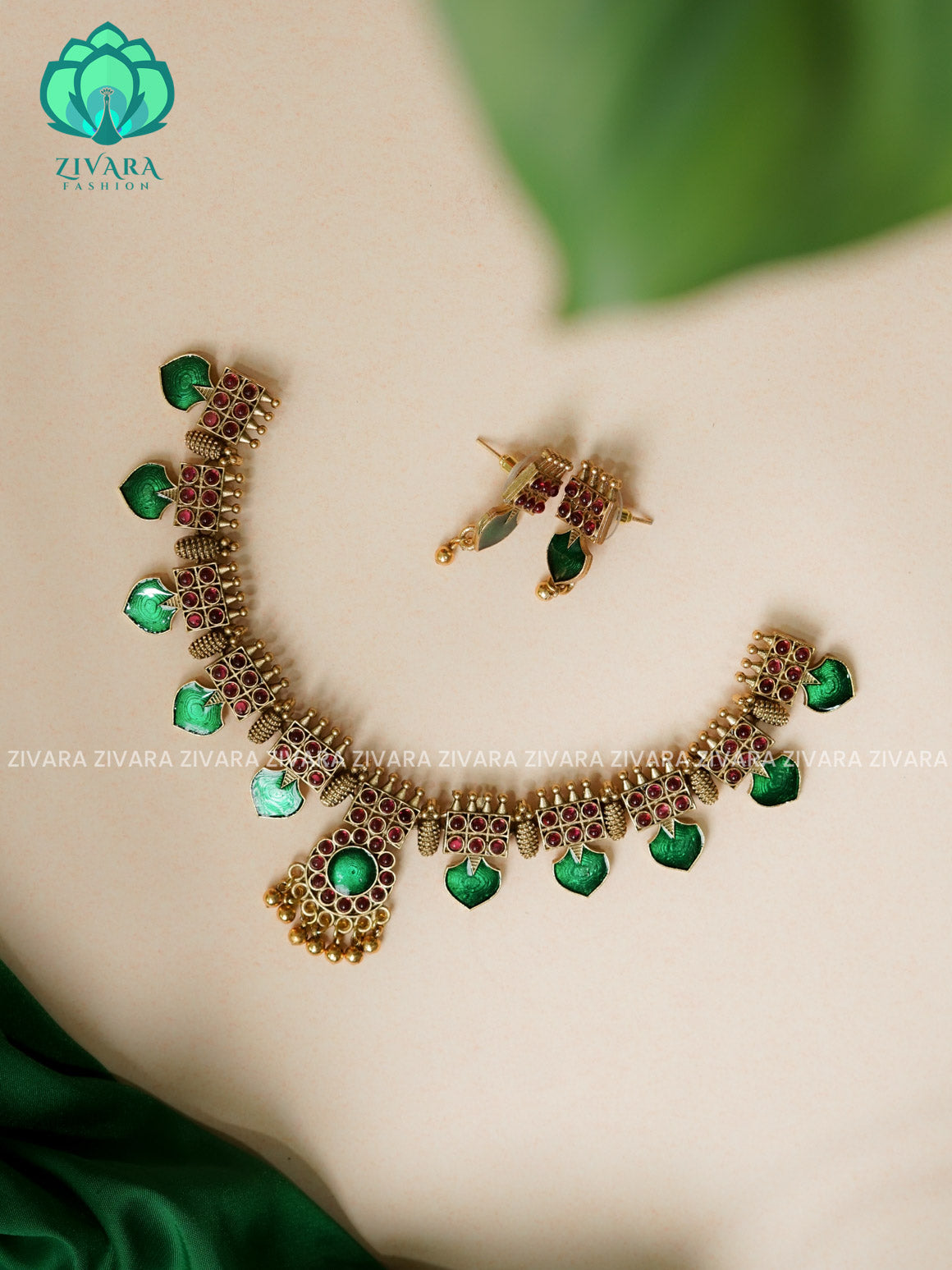 GREEN ENAMEL -Traditional south indian NORMAL MATTE PALLAKAD neckwear with earrings- Zivara Fashion- latest jewellery design