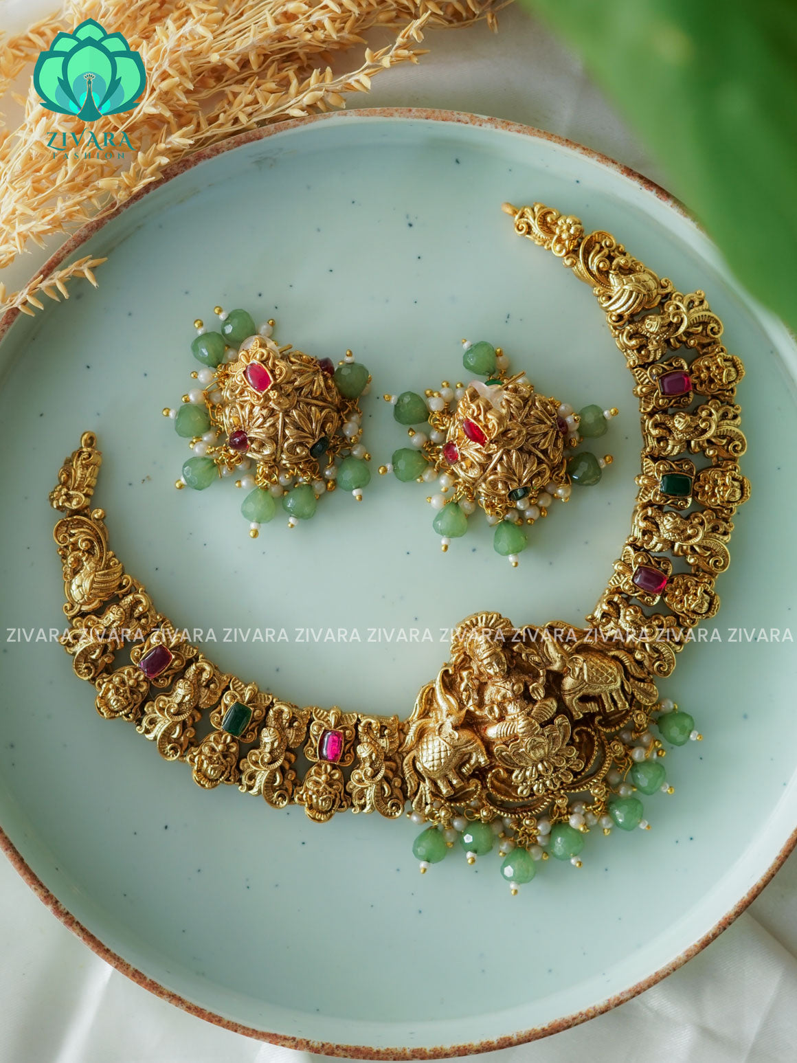 GREEN BEADS HEAVY TEMPLE NORMAL MATTE neckwear with earrings- Zivara Fashion- latest jewellery design