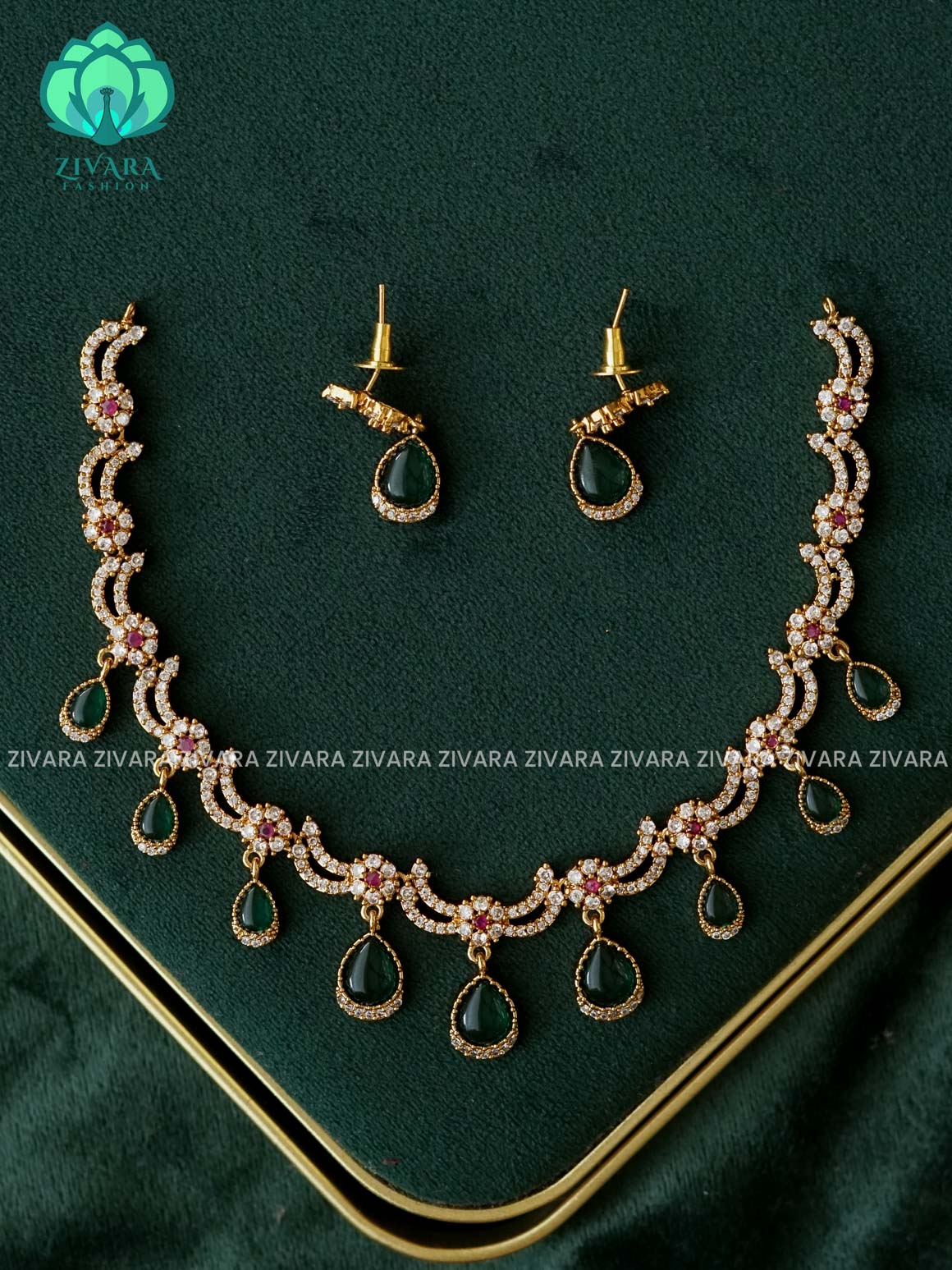 GREEN - Hanging tear - Trending  stylish and minimal elegant neckwear with earrings- Zivara Fashion