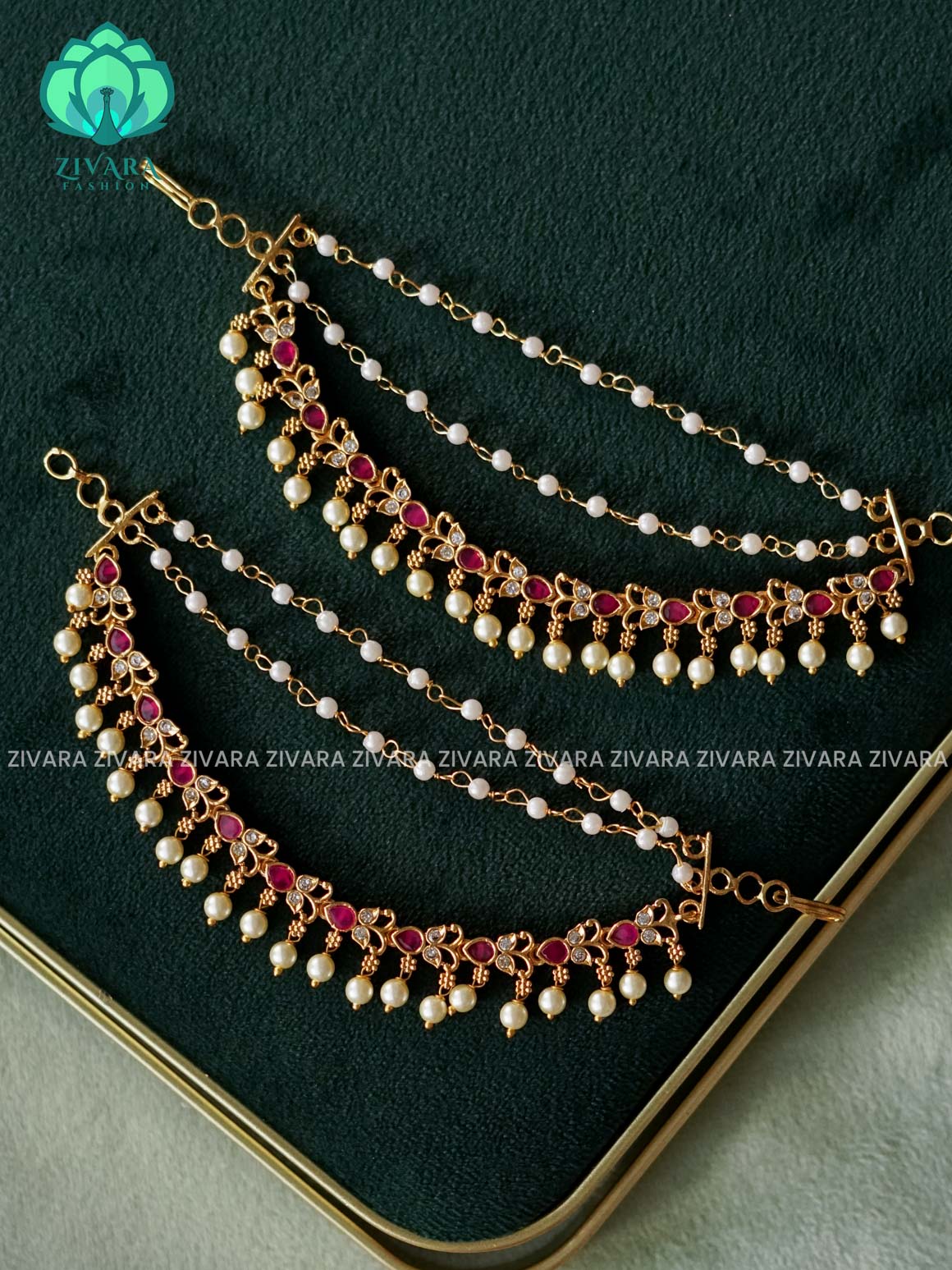 3 layer  GOLD FINISH RUBY STONE earchains/maatals- bridal accessory- zivara fashion-latest jewellery collection