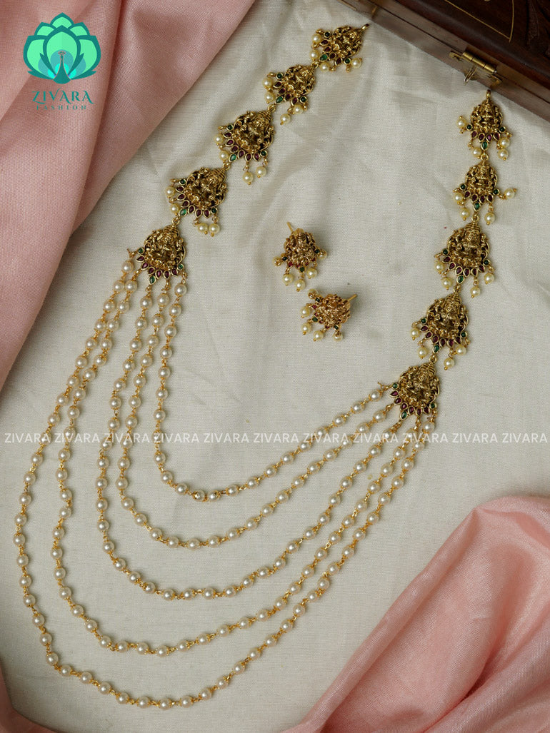 TEMPLE-STEP PEARL CHAIN - Traditional PREMIUM MATTE polish MIDCHEST haaram/neckwear with earrings- Zivara Fashion