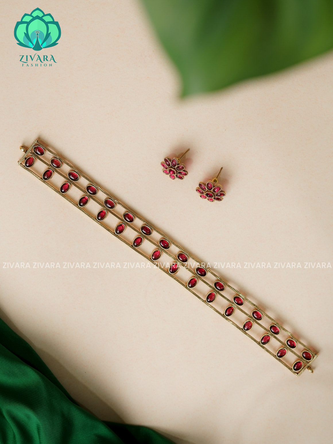 Simple Ruby line - Traditional south indian NORMAL MATTE choker with earrings - Zivara Fashion