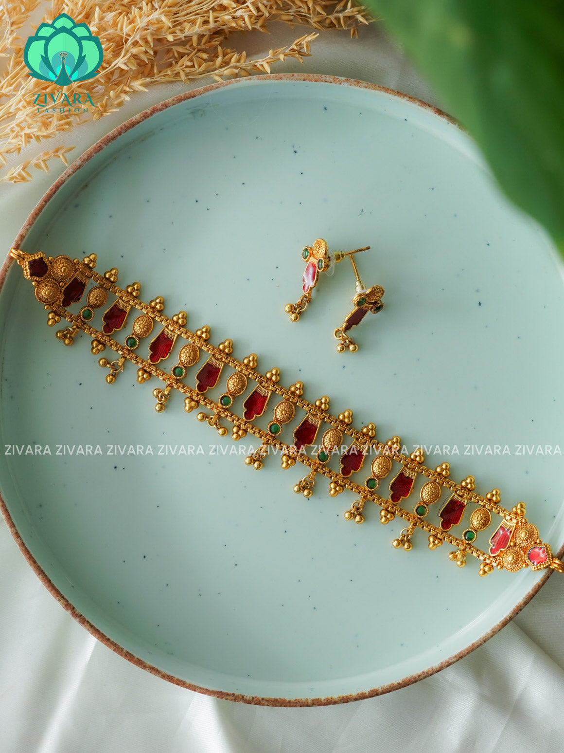 Red Palakkad NORMAL MATTE choker with earrings-latest south indian jewellery