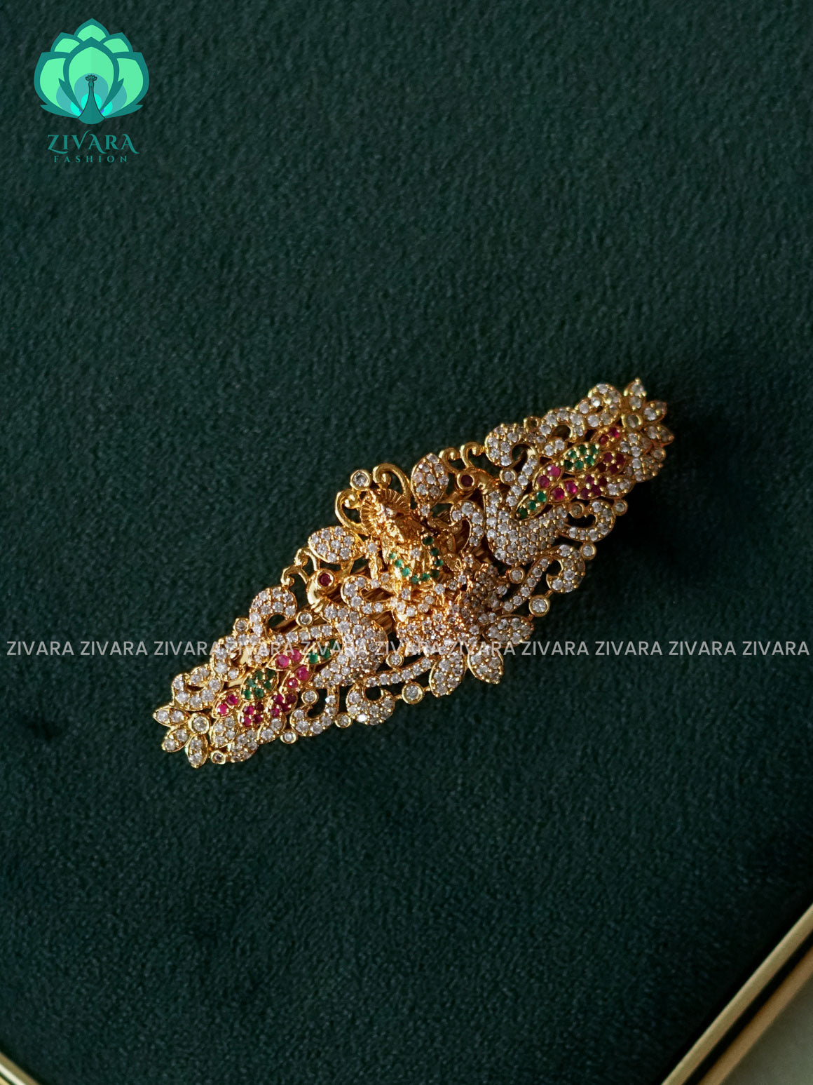 TEMPLE LAKSHMI AND PEACOCK RUBY GREEN WHITE STONE  HAIRCLIPS  - TRADITIONAL HAIR ACCESSORIES - ZIVARA FASHION