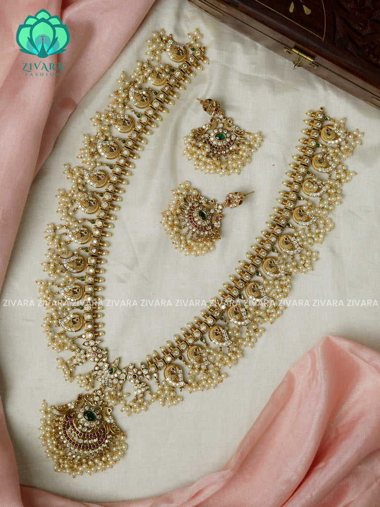 BRIDAL GUTTAPUSALU - Traditional PREMIUM MATTE polish MIDCHEST haaram/neckwear with earrings- Zivara Fashion