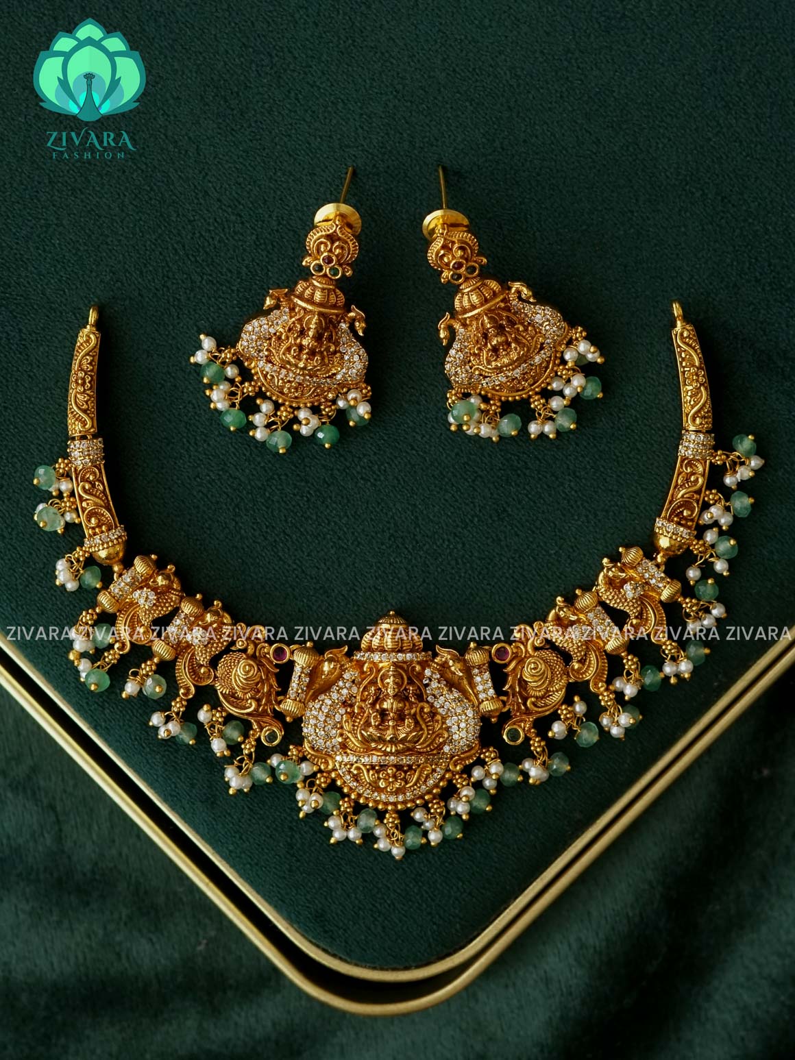 AKSHAYAM - TEMPLE BRIDAL SIMPLE HASLI neckwear with green beads hangings with earrings- Zivara Fashion