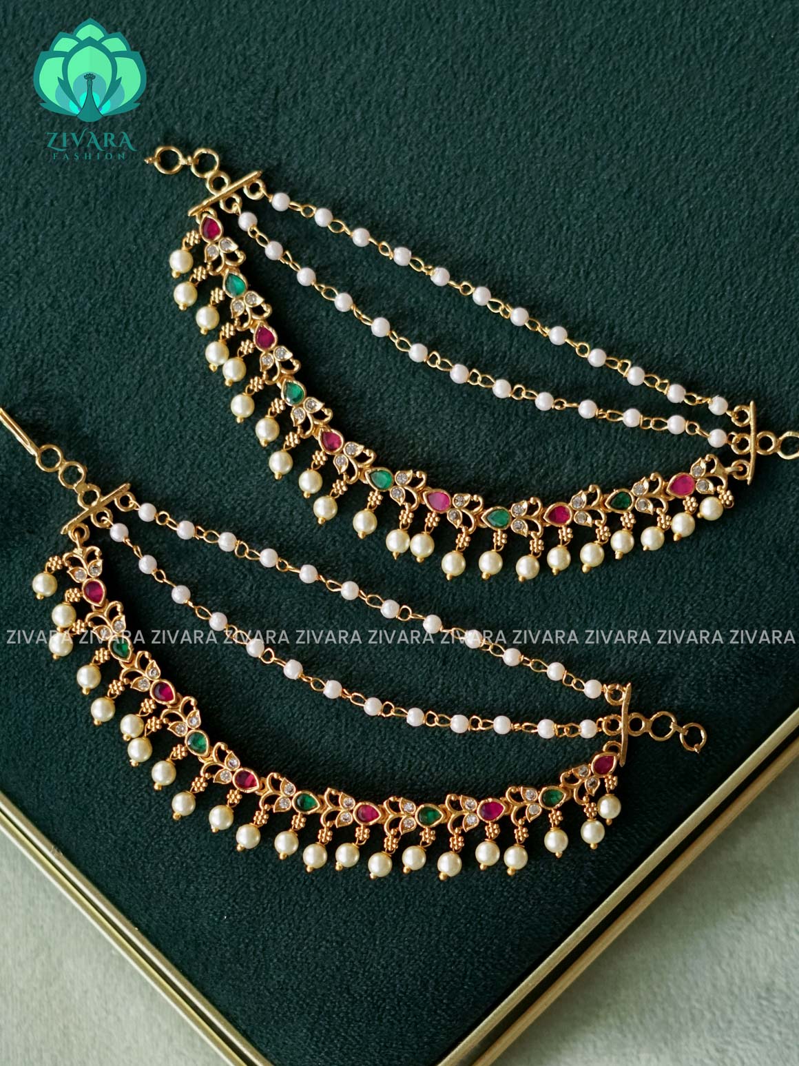3 layer  GOLD FINISH RUBY GREEN STONE earchains/maatals- bridal accessory- zivara fashion-latest jewellery collection