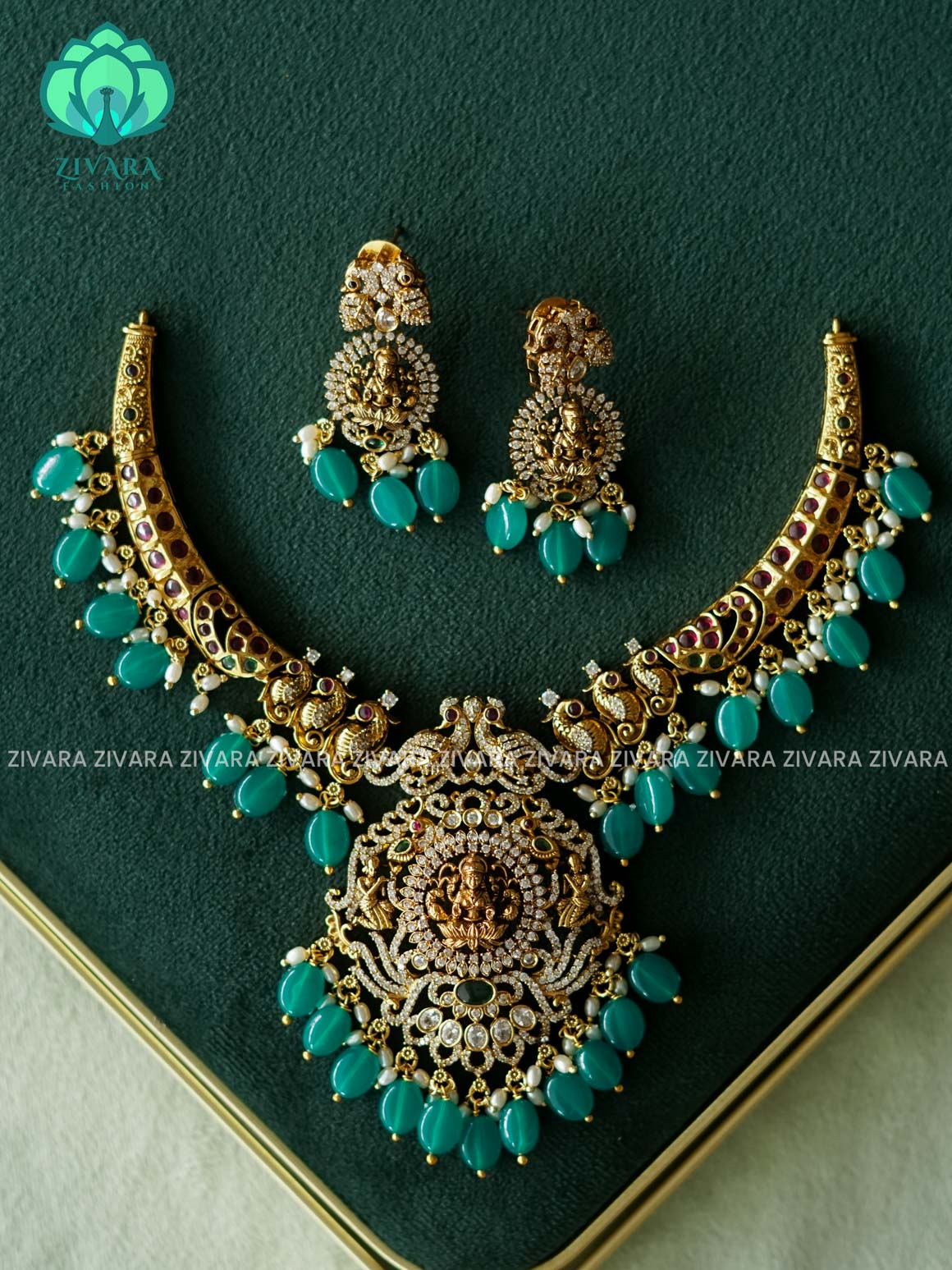 AKSHAYAM - TEMPLE PEACOCK  BRIDAL HASLI WITH GREEN BEADS HANGINGS  neckwear with earrings - Zivara Fashion
