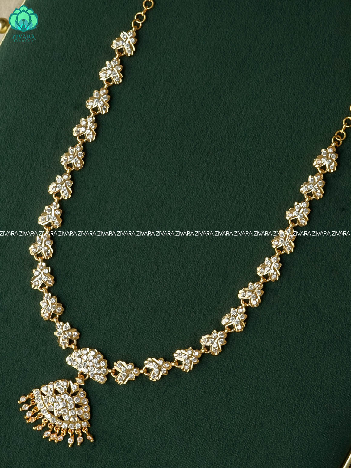 AMBIGAI - WHITE STONE MICROGOLD POLISH LONG HAARAM   -Traditional south indian premium HAARAM- Zivara Fashion- latest jewellery design