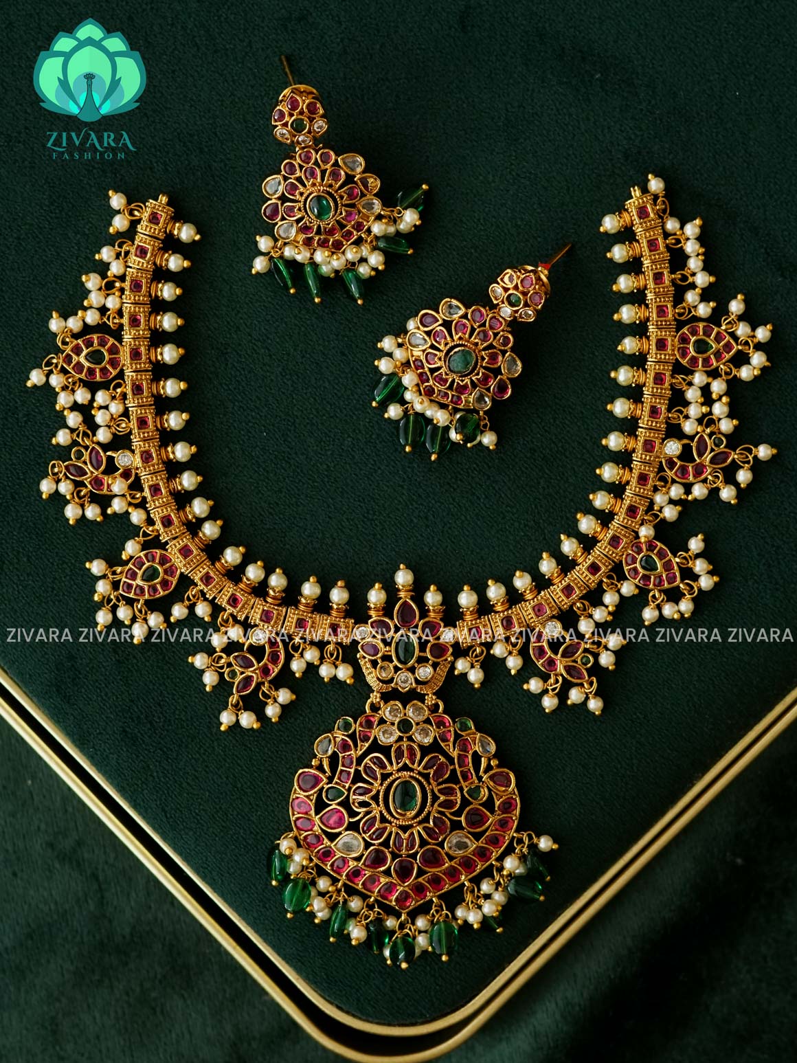 AKSHAYAM - REAL KEMP GUTTAPUSALU neckwear with green beads hangings  with earrings- Zivara Fashion