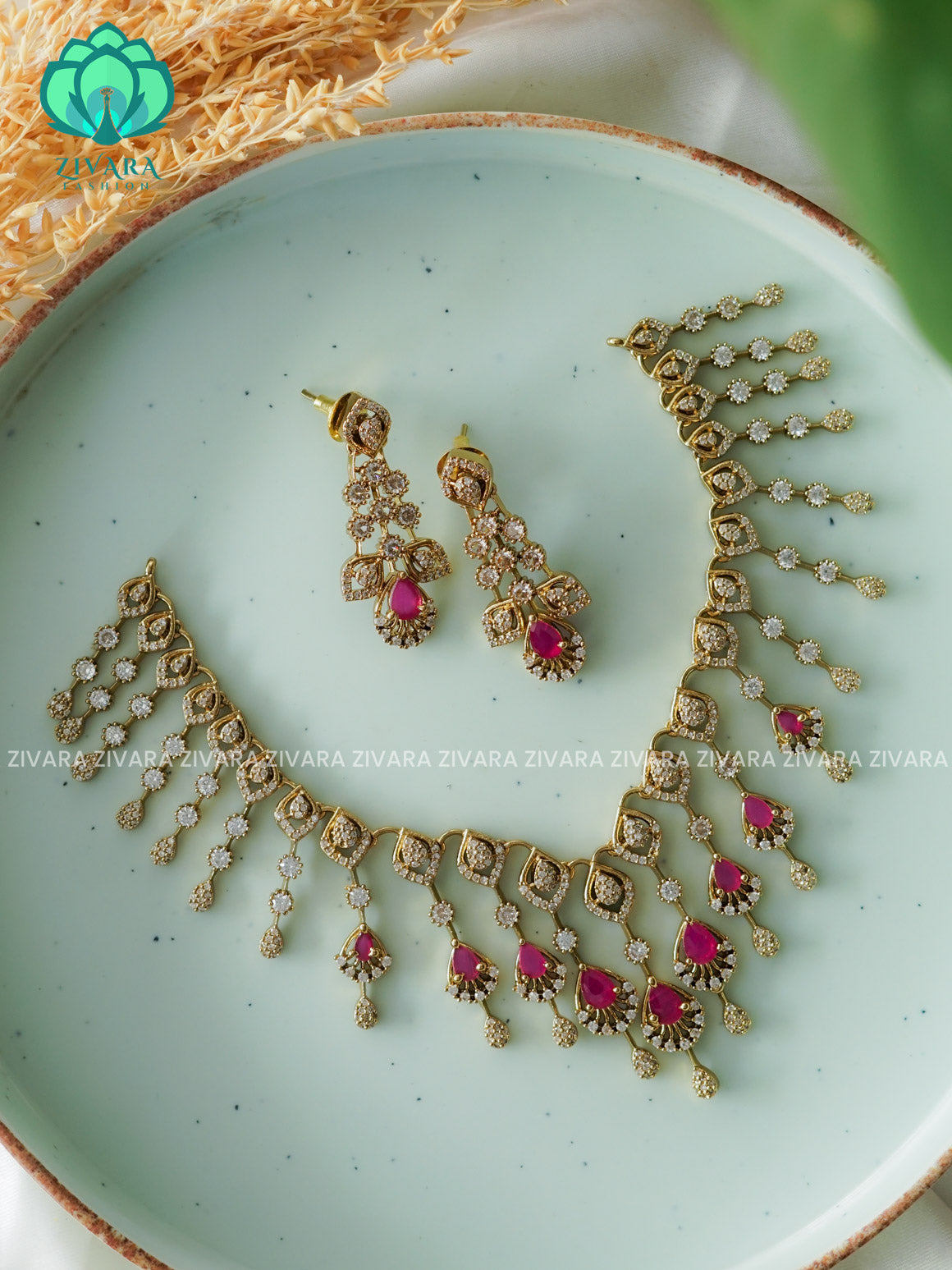 RUBY TEAR DIAMOND REPLICA - stylish and minimal elegant neckwear with earrings- Zivara Fashion