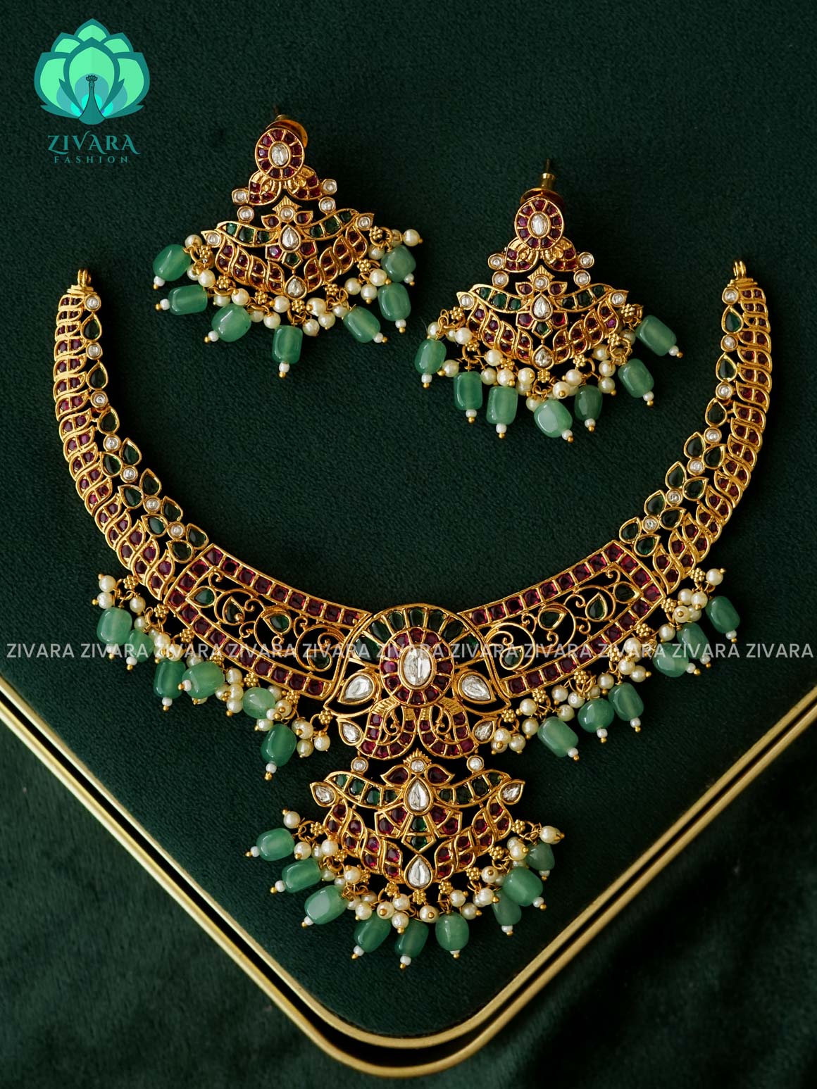 AKSHAYAM - REAL KEMP BRIDAL HASLI  neckwear with green beads hangings with earrings- Zivara Fashion