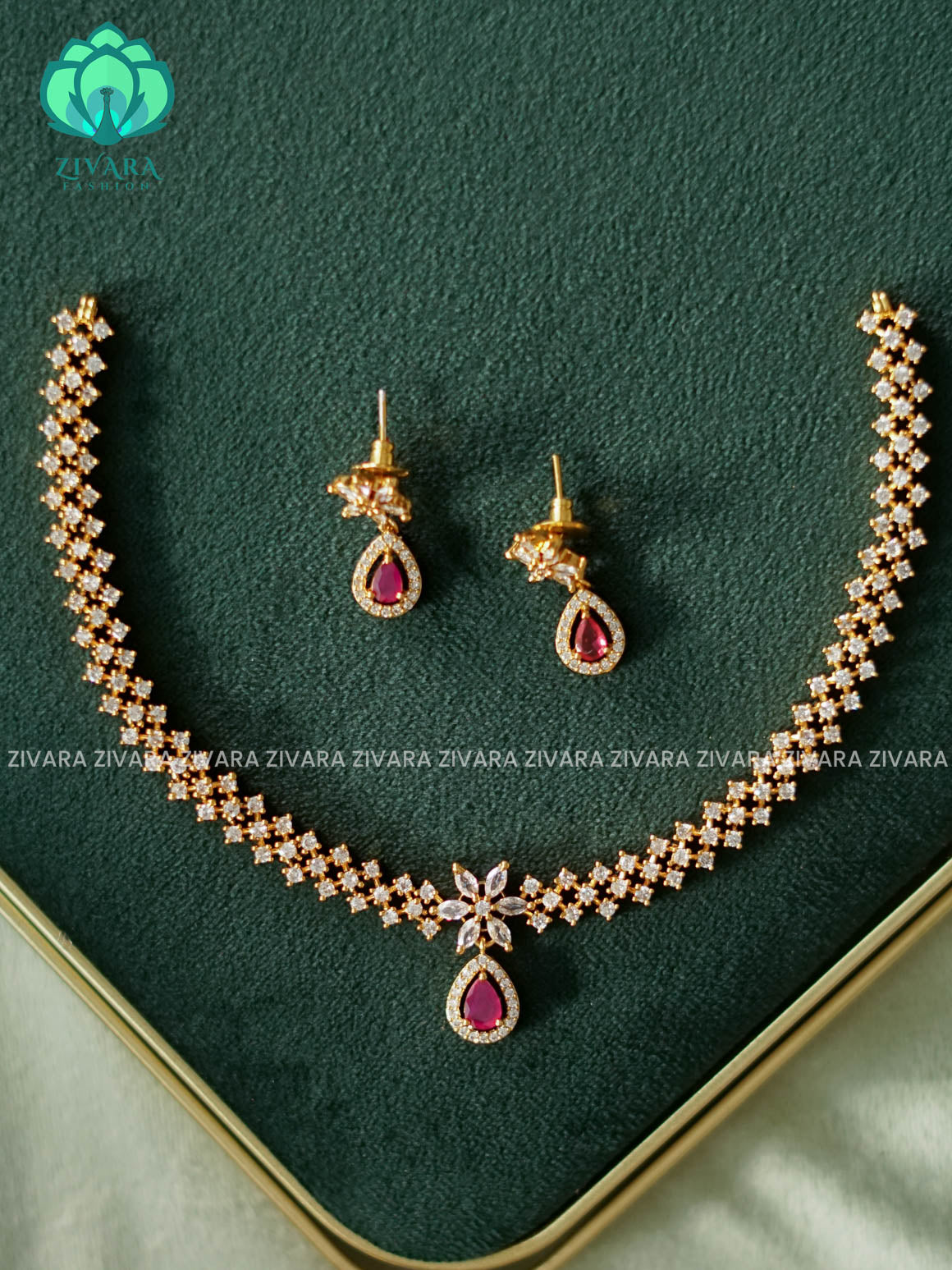RUBY HOTSELLING TEAR DROP  -PREMIUM SUBTLE GOLD FINISH  stylish and minimal elegant neckwear with earrings- Zivara Fashion