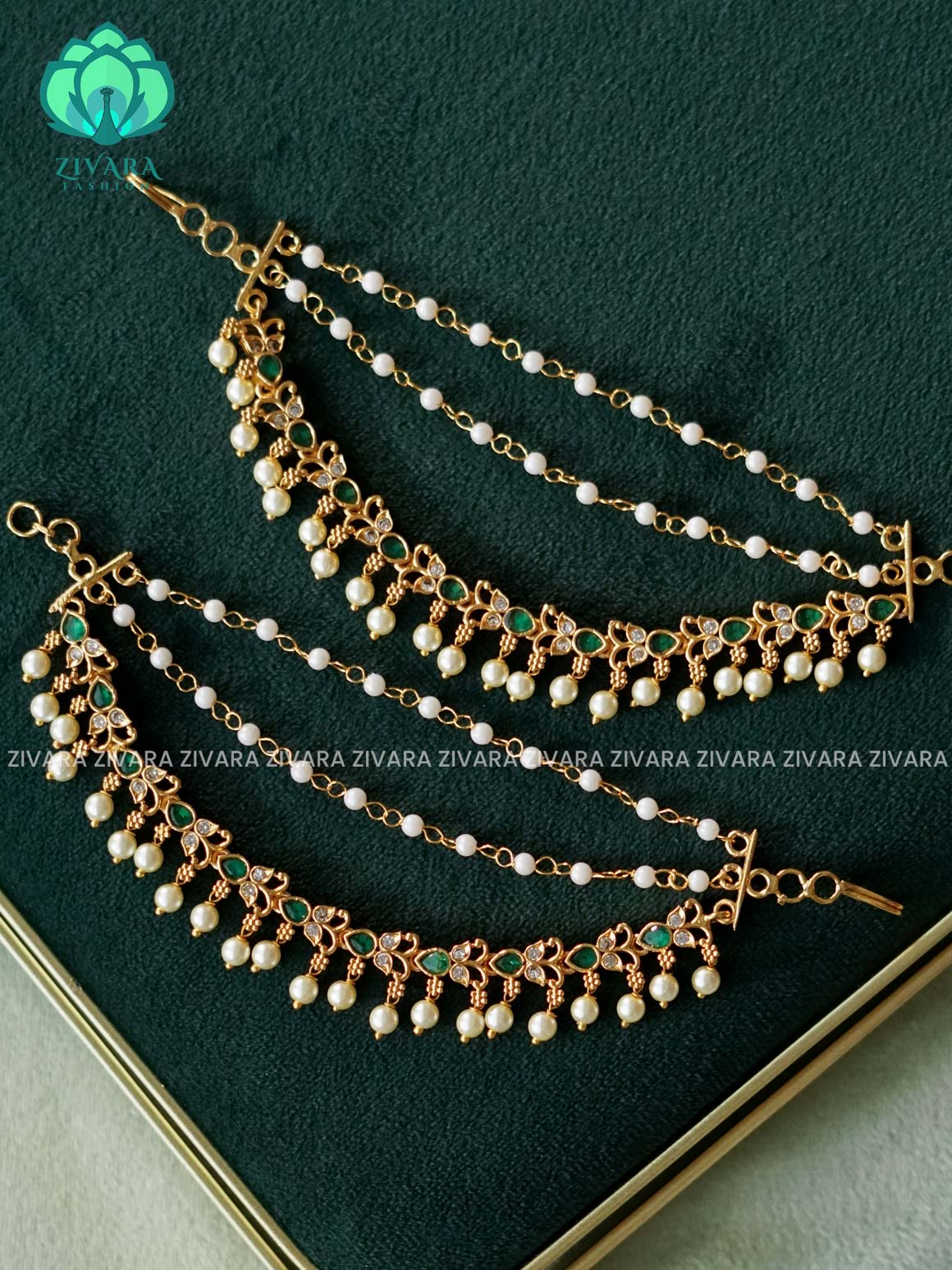 3 layer  GOLD FINISH  GREEN STONE earchains/maatals- bridal accessory- zivara fashion-latest jewellery collection