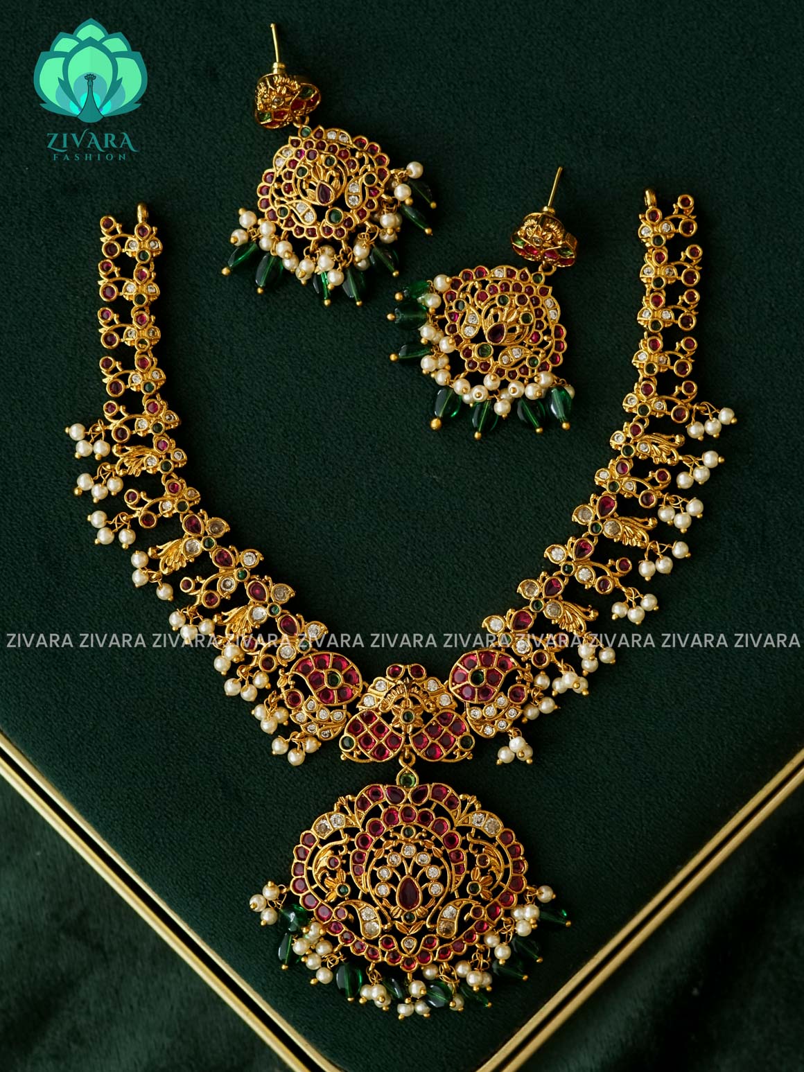 AKSHAYAM - REAL KEMP  neckwear with green beads hangings  with earrings- Zivara Fashion