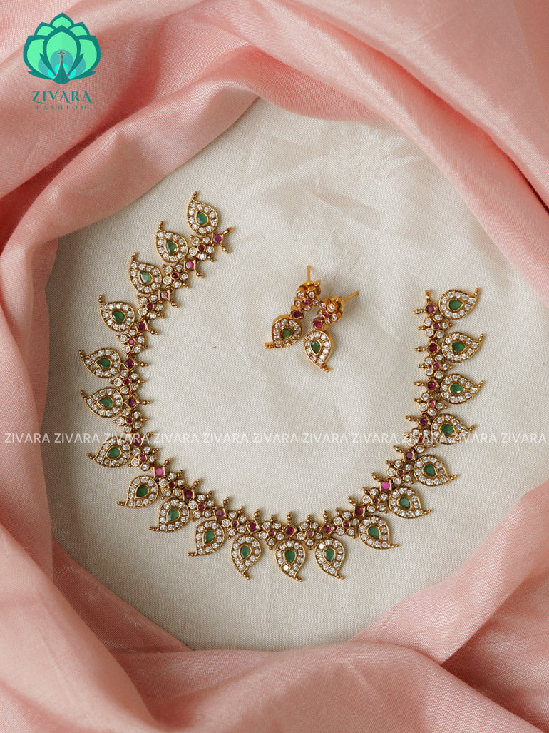 Green stone mango - Traditional south indian premium neckwear with earrings- Zivara Fashion- latest jewellery design