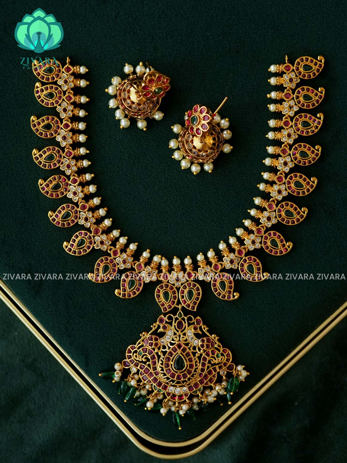 PEACOCK MANGA. REAL KEMP neckwear with green beads hangings with earrings - Zivara Fashion