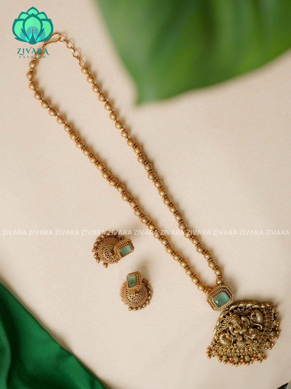 PASTEL GREEN- TEMPLE PENDANT BALL CHAIN - Traditional PREMIUM MATTE polish MIDCHEST haaram/neckwear with earrings- Zivara Fashion