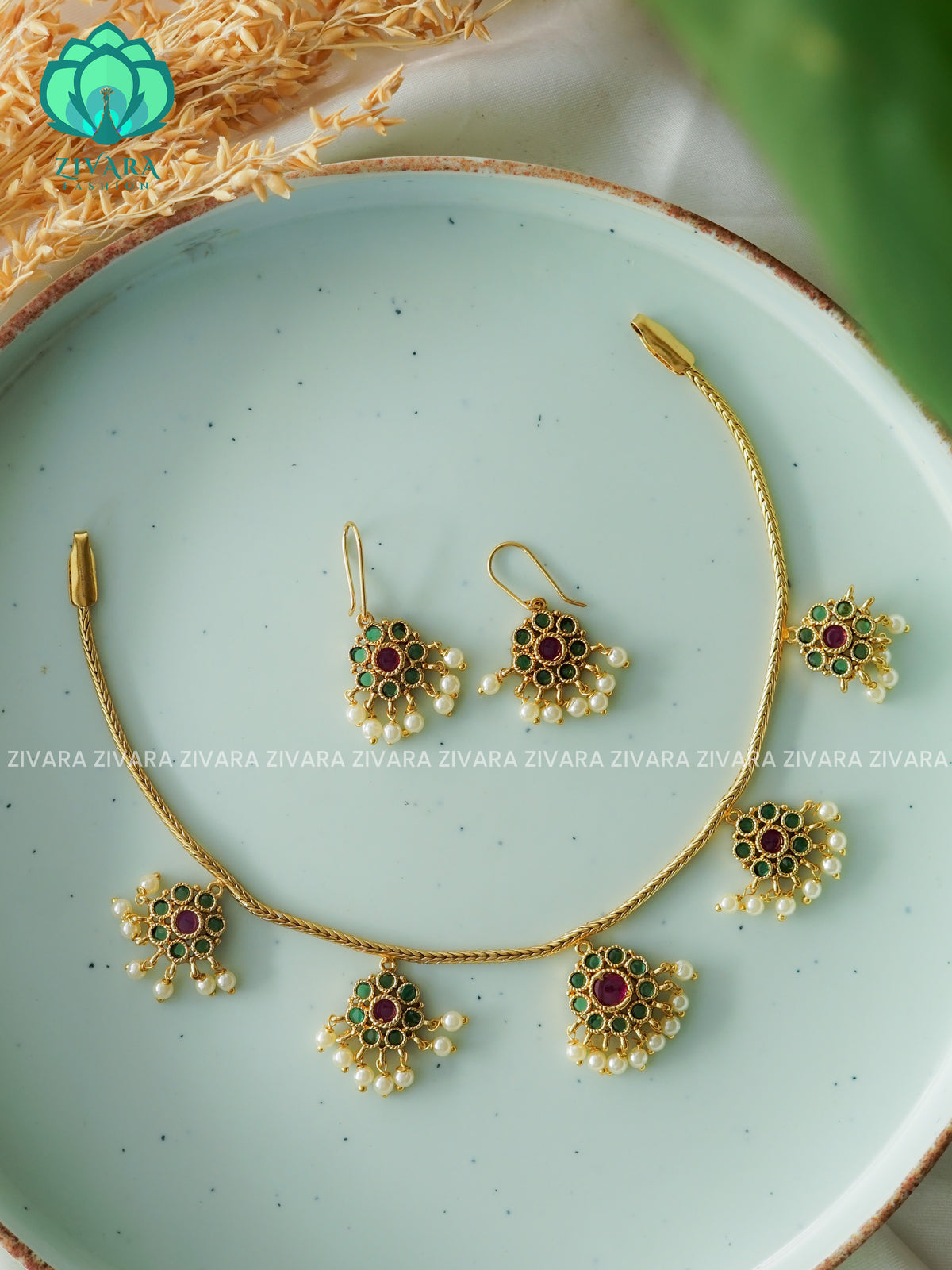 Brindha - GREEN and ruby ATTIGAI - FLEXIBLE CHAIN WITH HANGING -Traditional south indian premium neckwear with earrings- Zivara Fashion- latest jewellery design