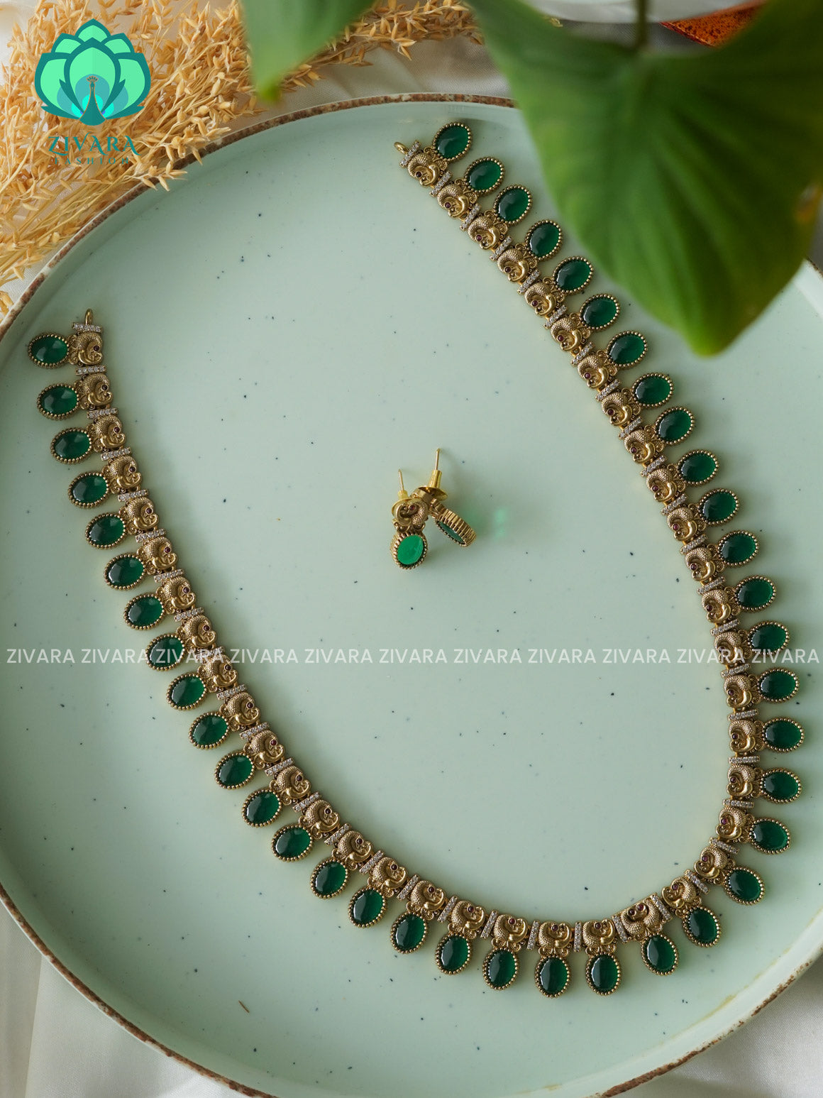 ANANYA SERIES - DARK GREEN MANGO PALAKKA - Traditional PREMIUM MATTE polish MIDCHEST haaram/neckwear with earrings- Zivara Fashion