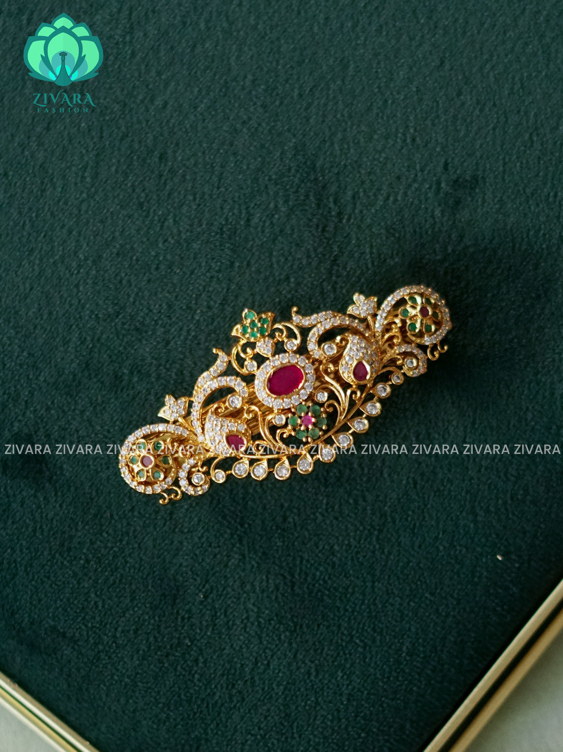 PEACOCK RUBY GREEN WHITE STONE  HAIRCLIPS  - TRADITIONAL HAIR ACCESSORIES - ZIVARA FASHION
