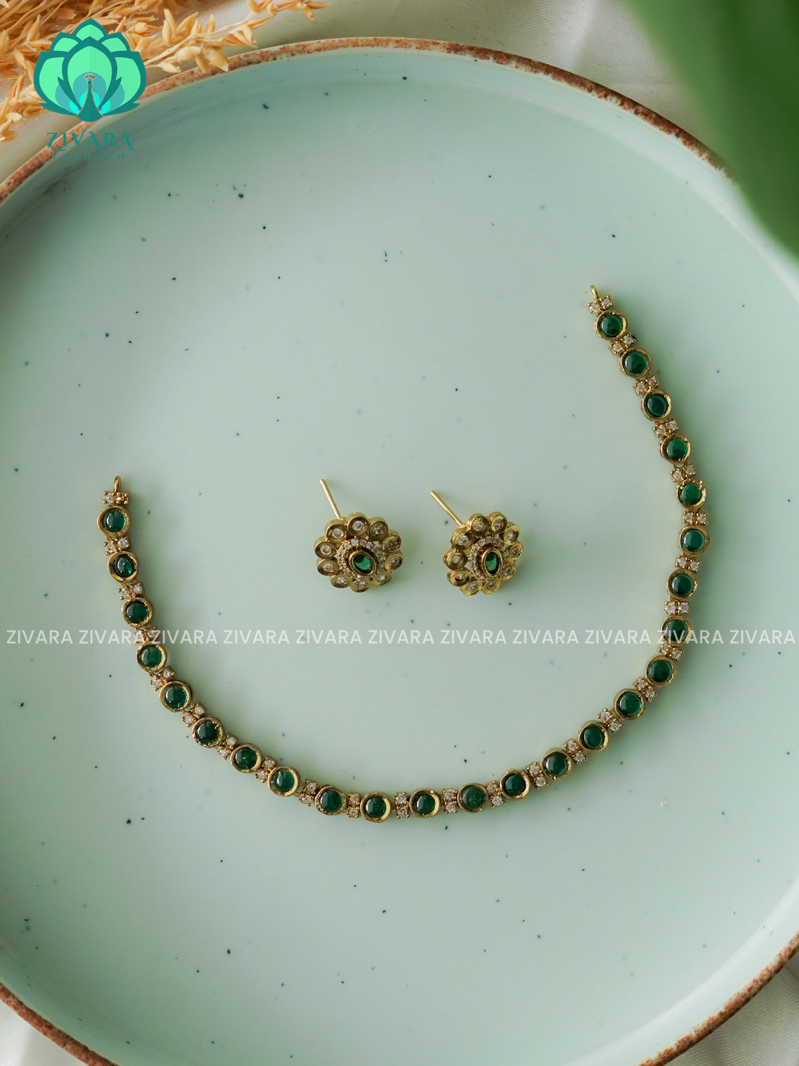 GREEN STONE SIMPLE Traditional south indian premium neckwear with earrings- Zivara Fashion- latest jewellery design