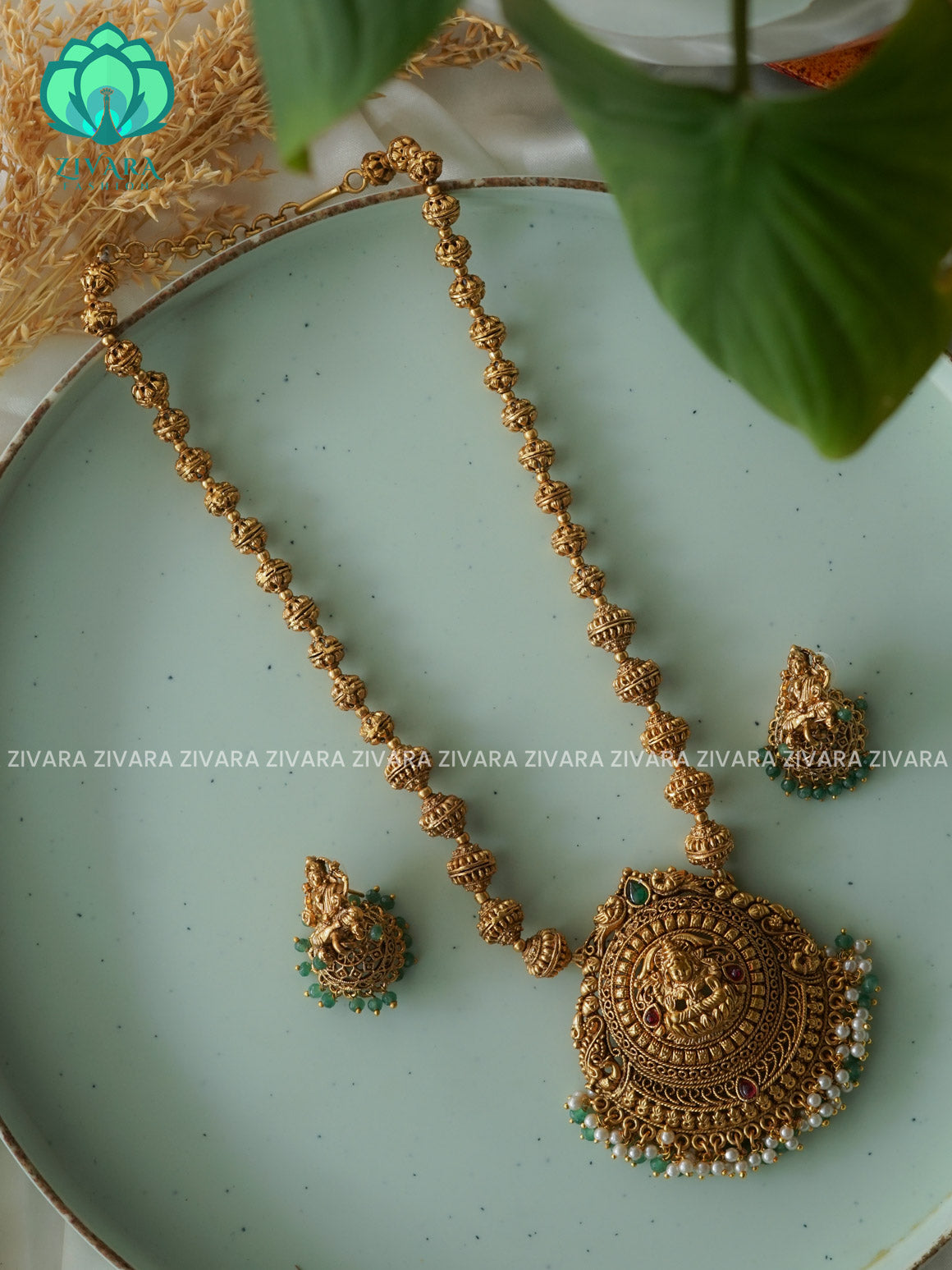 GREEN BEADS AND TEMPLE PENDANT  BALL CHAIN - Traditional NORMAL MATTE polish MIDCHEST haaram/neckwear with earrings- Zivara Fashion