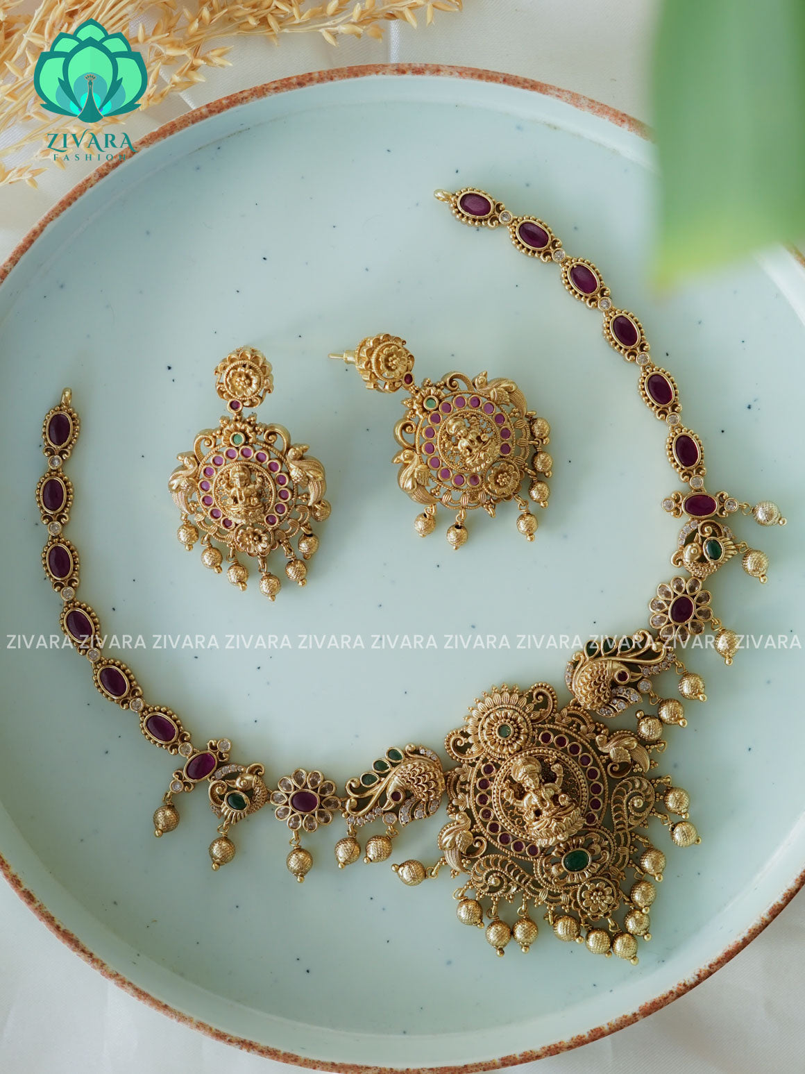 Temple neckwear with earrings- Premium quality Traditional neckwear from Zivara Fashion- latest jewellery design