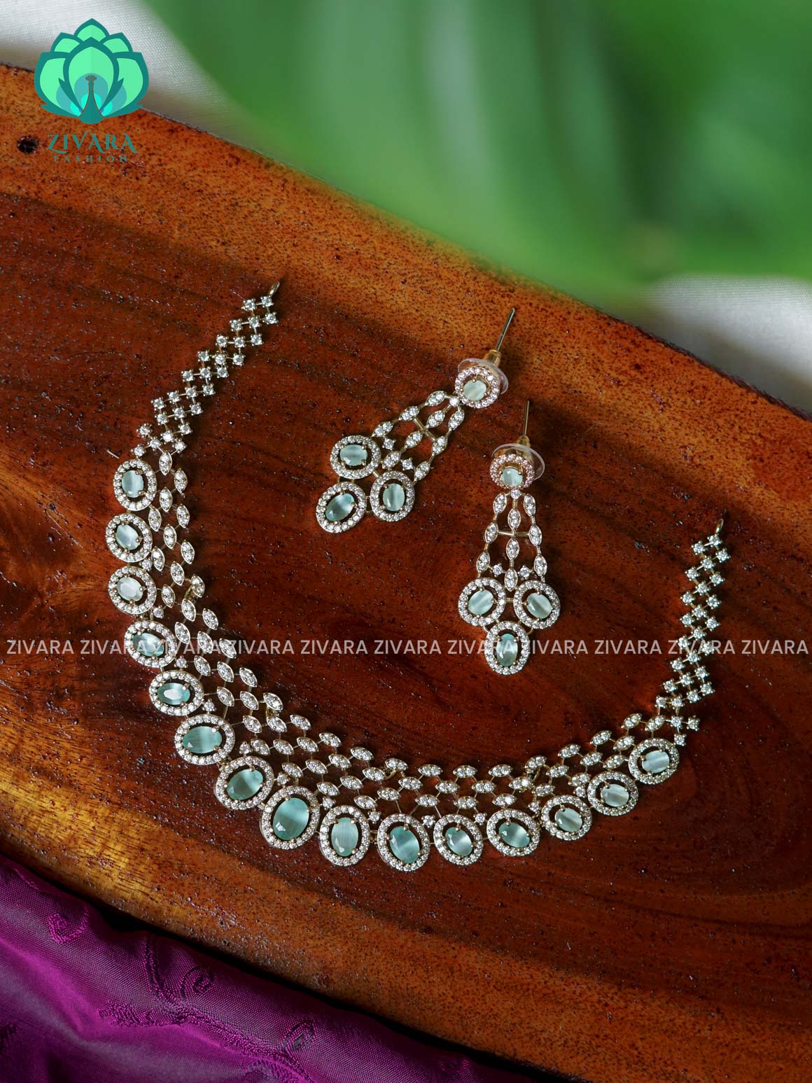 PASTEL GREEN - OVAL SEMI BRIDAL SUBTLE GOLD FINISH  - stylish and minimal elegant neckwear with earrings- Zivara FashioN