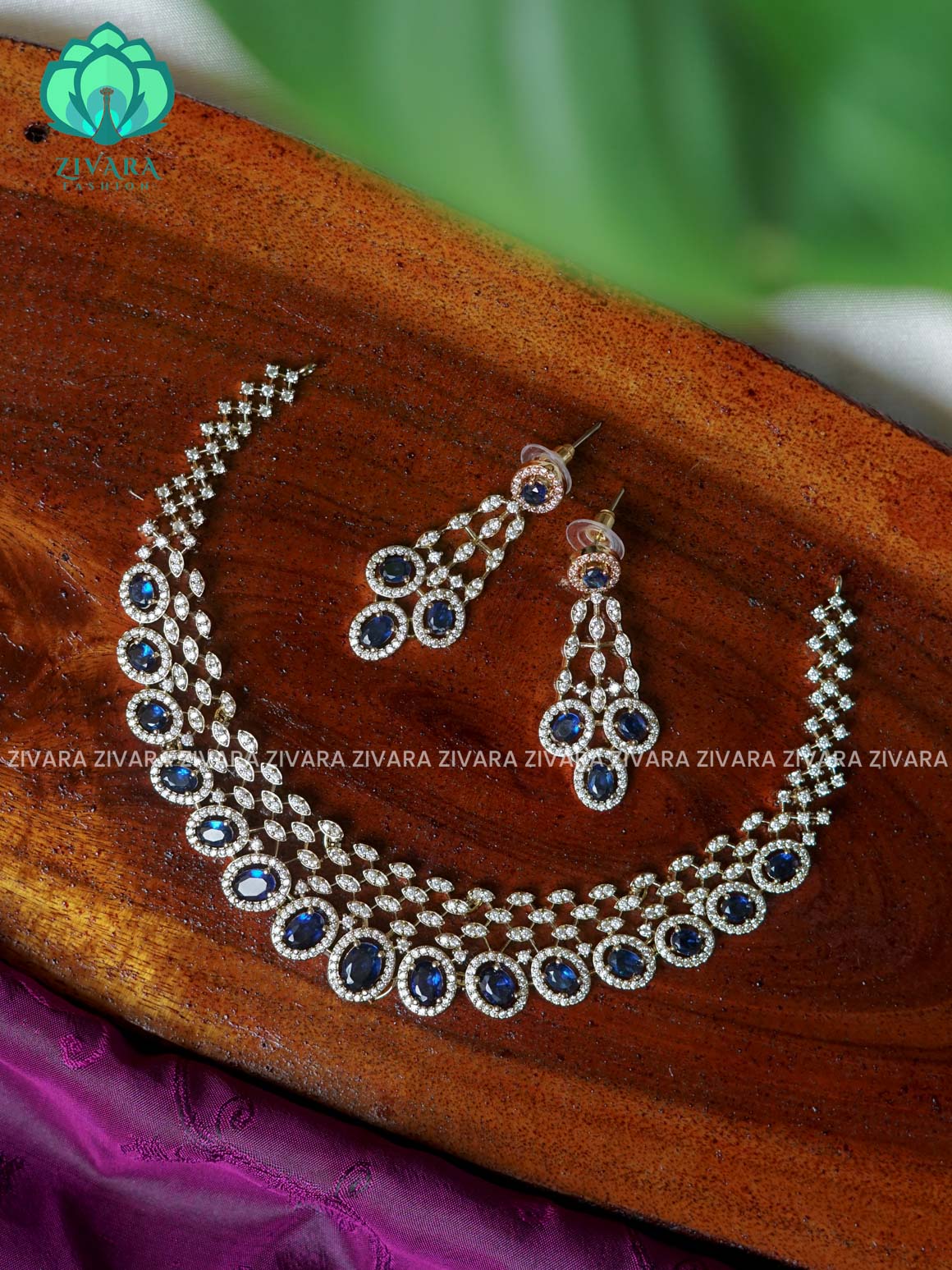 BLUE - OVAL SEMI BRIDAL SUBTLE GOLD FINISH  - stylish and minimal elegant neckwear with earrings- Zivara FashioN