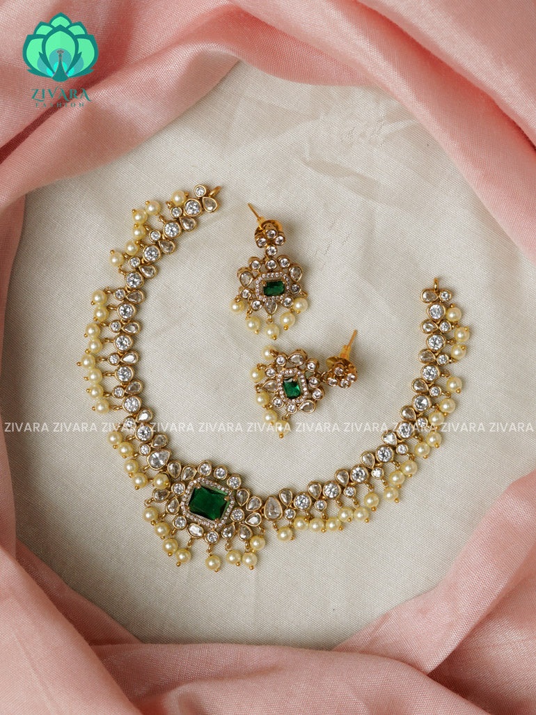 Green medium SIZE BRIDAL UNCUT POLKI   - Traditional south indian premium neckwear with earrings- Zivara Fashion- latest jewellery design