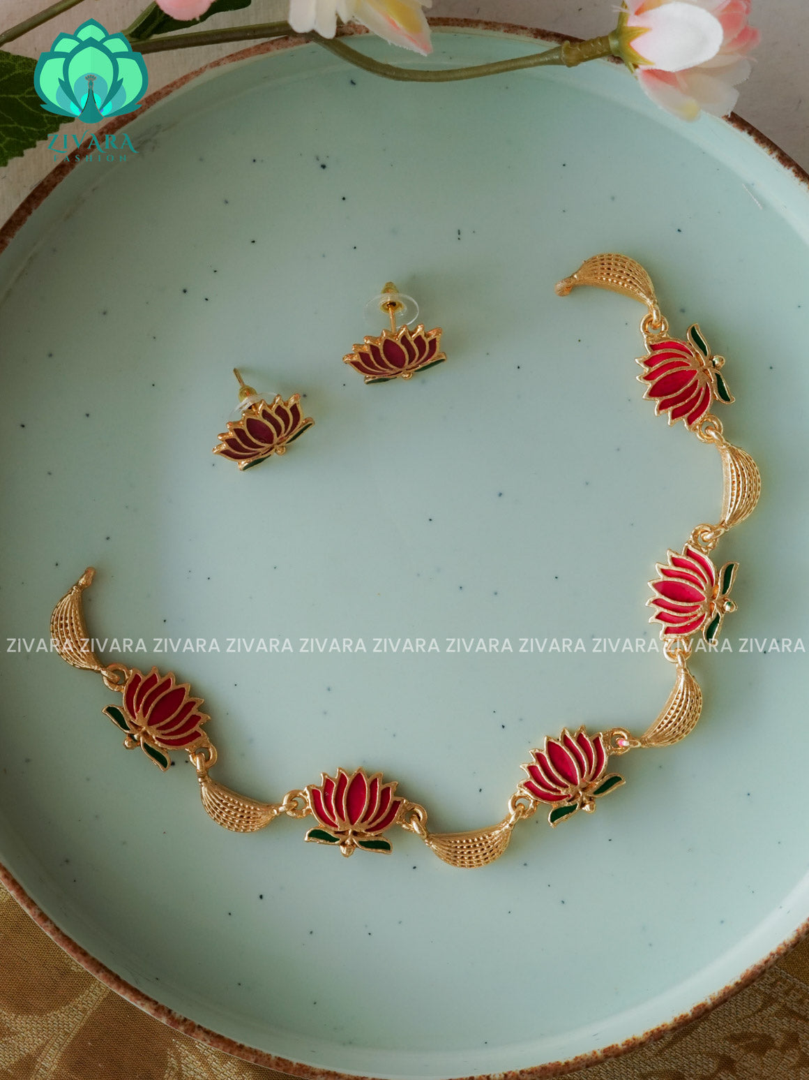 MANJU WARRIER  inspired Trending NORMAL MATTE lotus enamel neckwear with earrings- Zivara Fashion- latest jewellery design