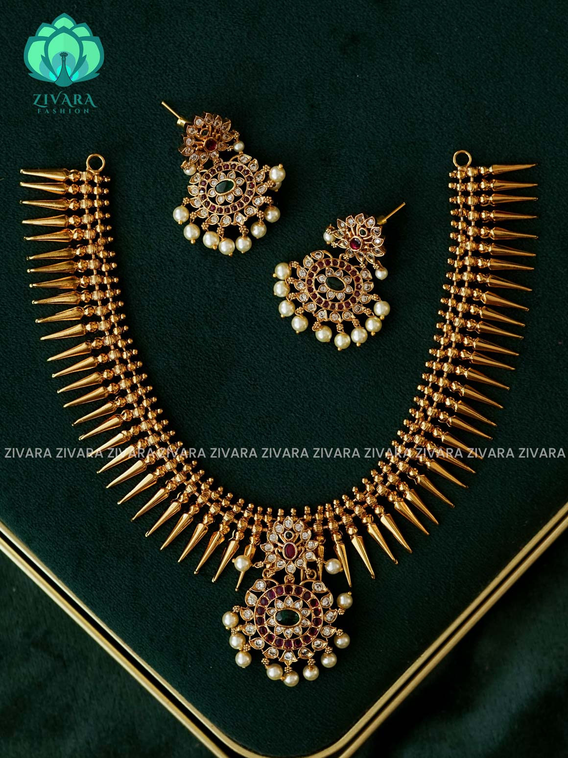 REAL KEMP MULLAI MOTTU NECKWEAR - Traditional south indian premium neckwear with earrings- Zivara Fashion- latest jewellery design.